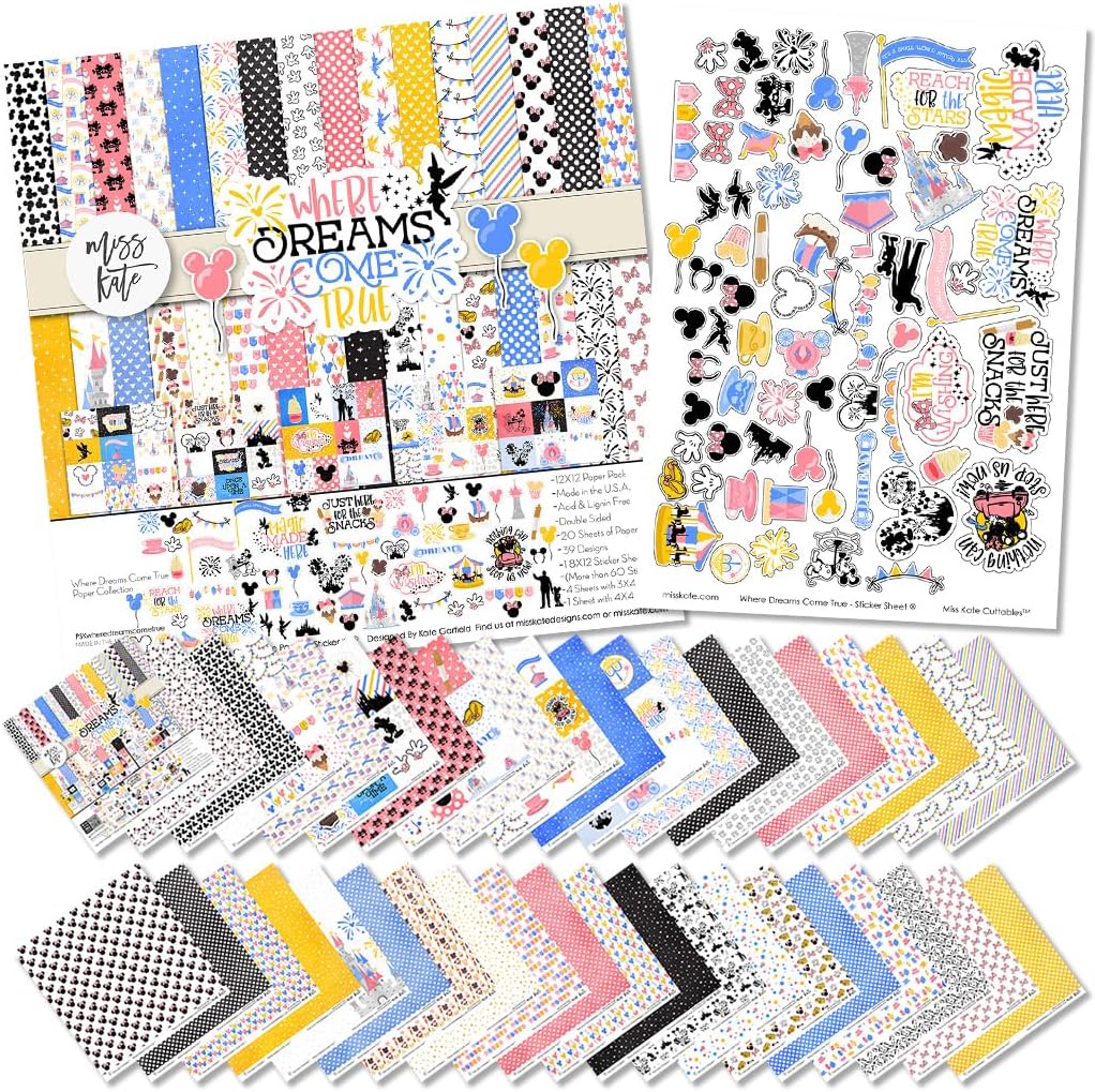 Paper & Sticker Kit - Where Dreams Come True - for Disneyland Disney - 20 Double-Sided 12x12 Patterned Papers & Sticker Sheet - Scrapbooking Scrapbook Card Making Crafting - by Miss Kate Cuttables