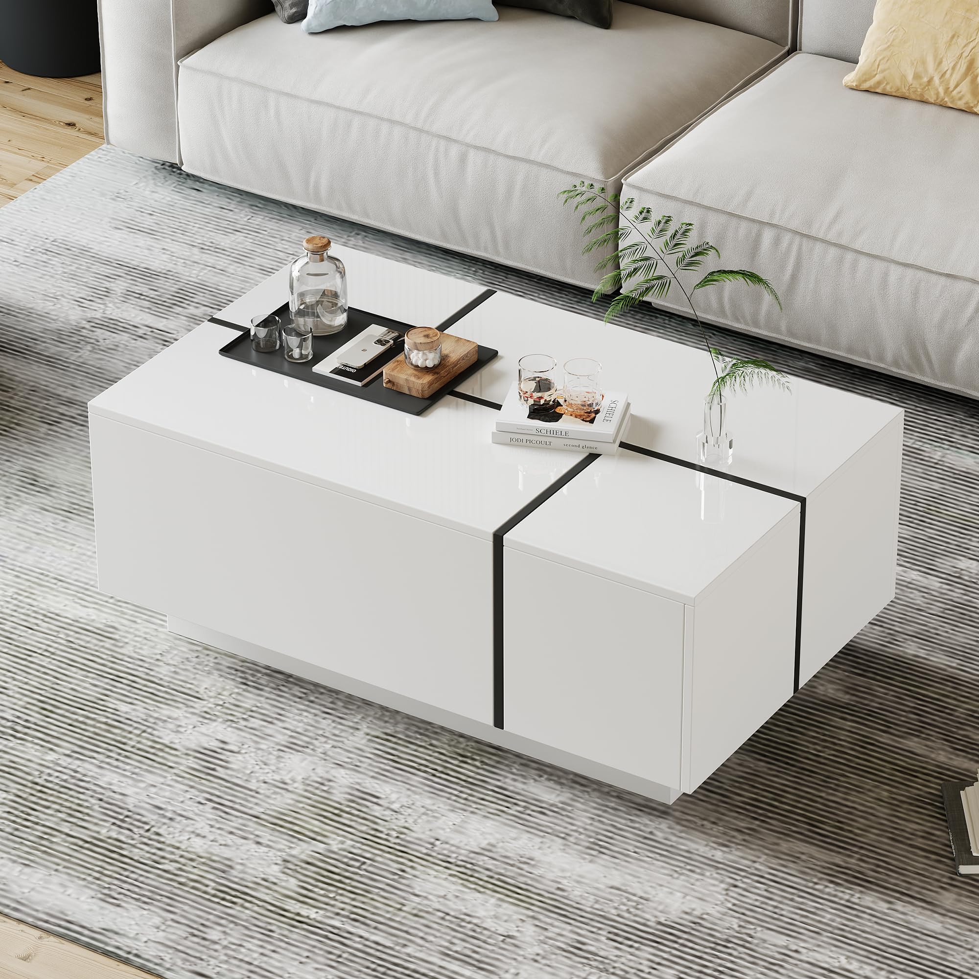 Merax Couchtisch Rechteckiger, Moderner Wohnzimmertisch Ausziehbar mit Schiebetischplatte, Multifunktions-Kaffeetisch mit 4 Schubladen, Hochglanz Sofatisch Beistelltisch für Wohnzimmer, Büro, Weiß