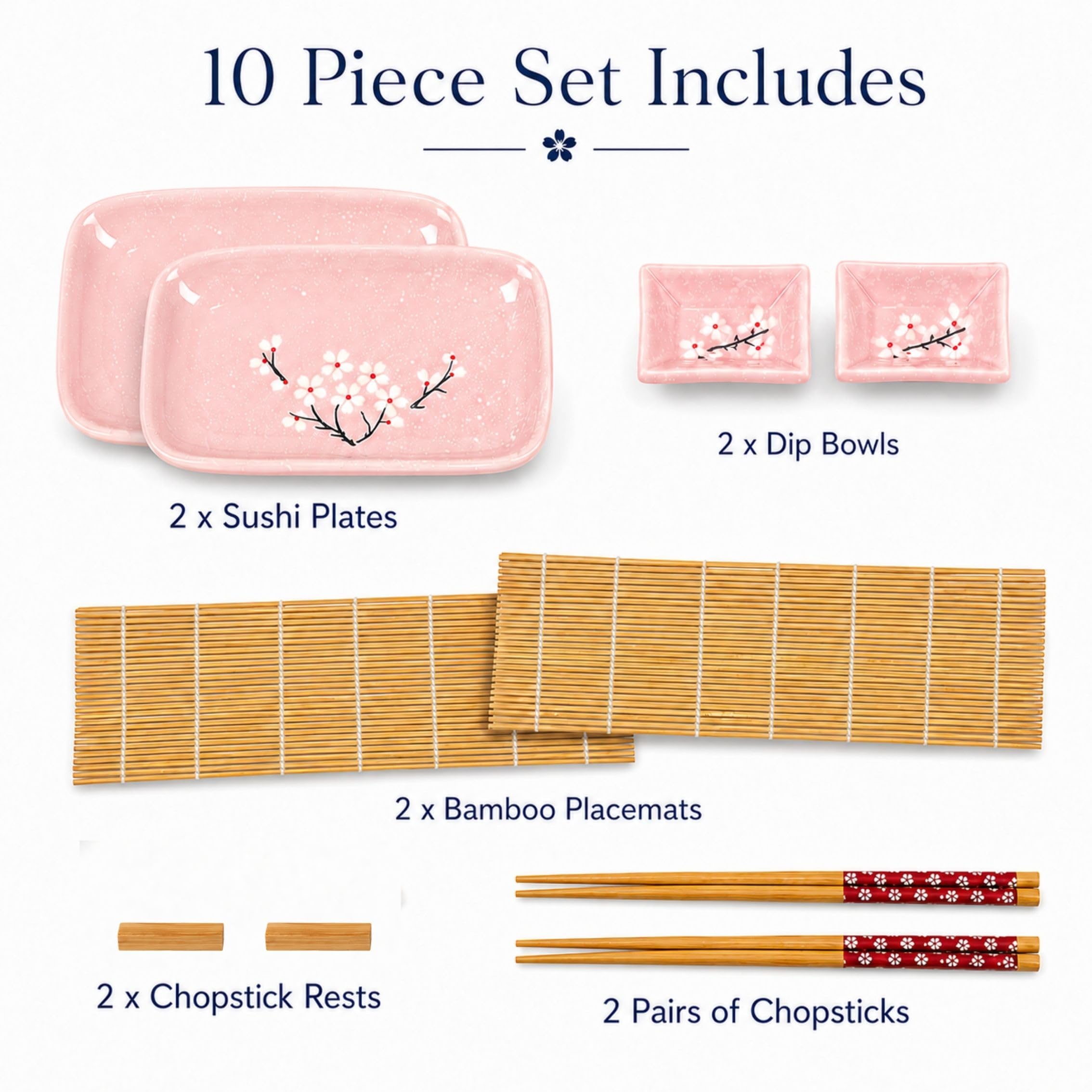 Exzact 10-teiliges Sushi-Set – 2 x Sushi-Teller, 2 x Dip-Schalen, 2 x Bambus-Tischsets, 2 x Bambus-Essstäbchen, 2 Paar Essstäbchen – hochwertiges Porzellan