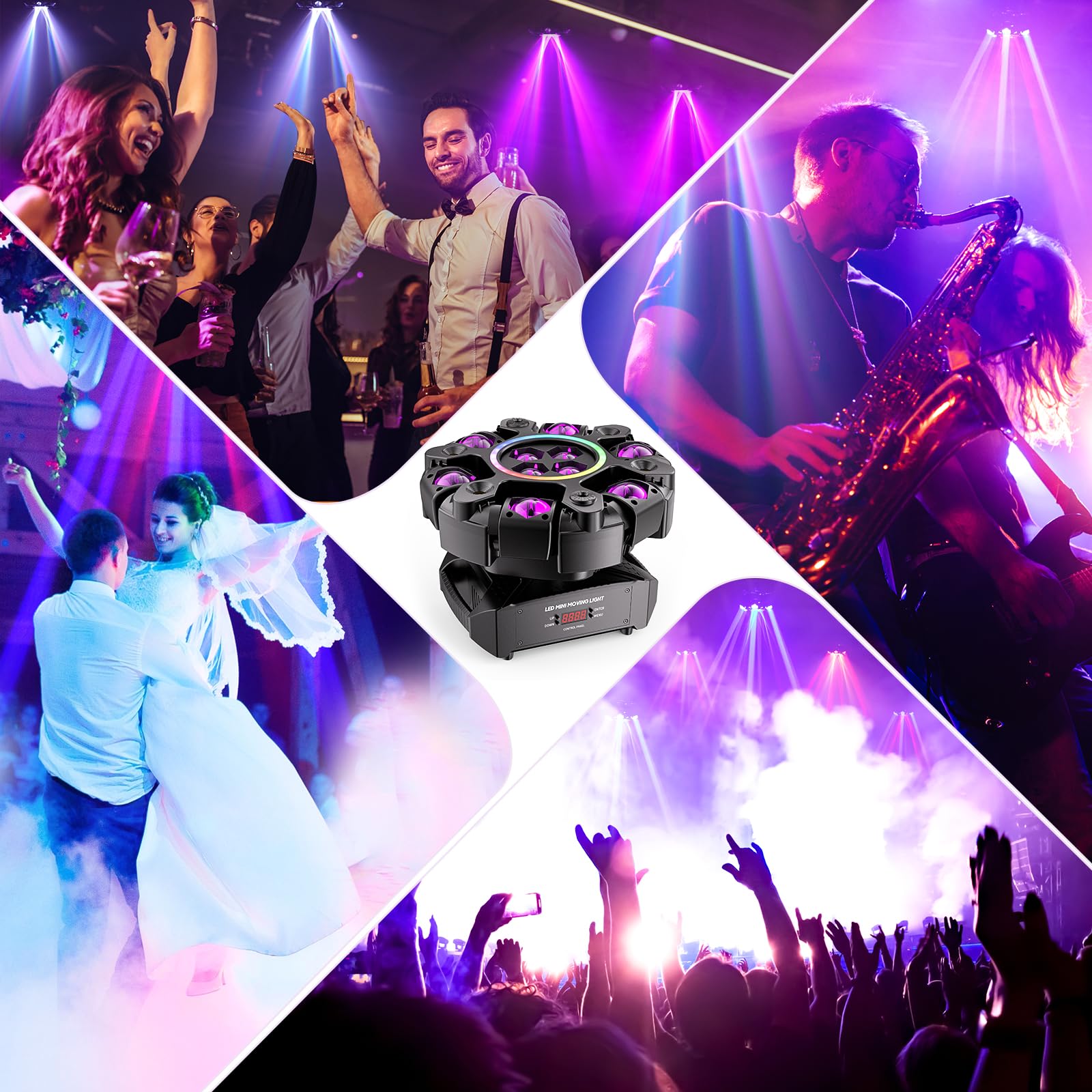 moving head dj stage light 6-arm rgbw with 4 honeycomb beams, 90° swing 540° rotate, white/warm strobe, red/green starry sky, colorful aperture effects, auto/dmx512 control for party club wedding