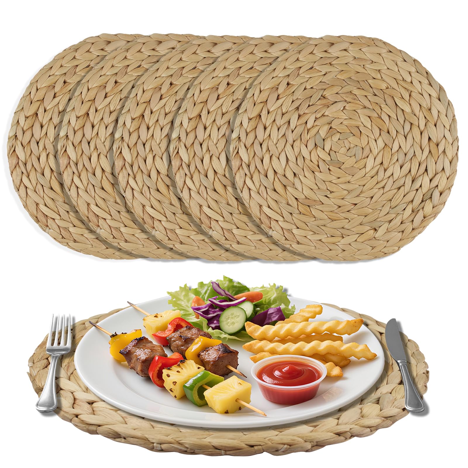 Sets de table ronds lavables contre les rayures - Protection en jacinthe d'eau naturelle