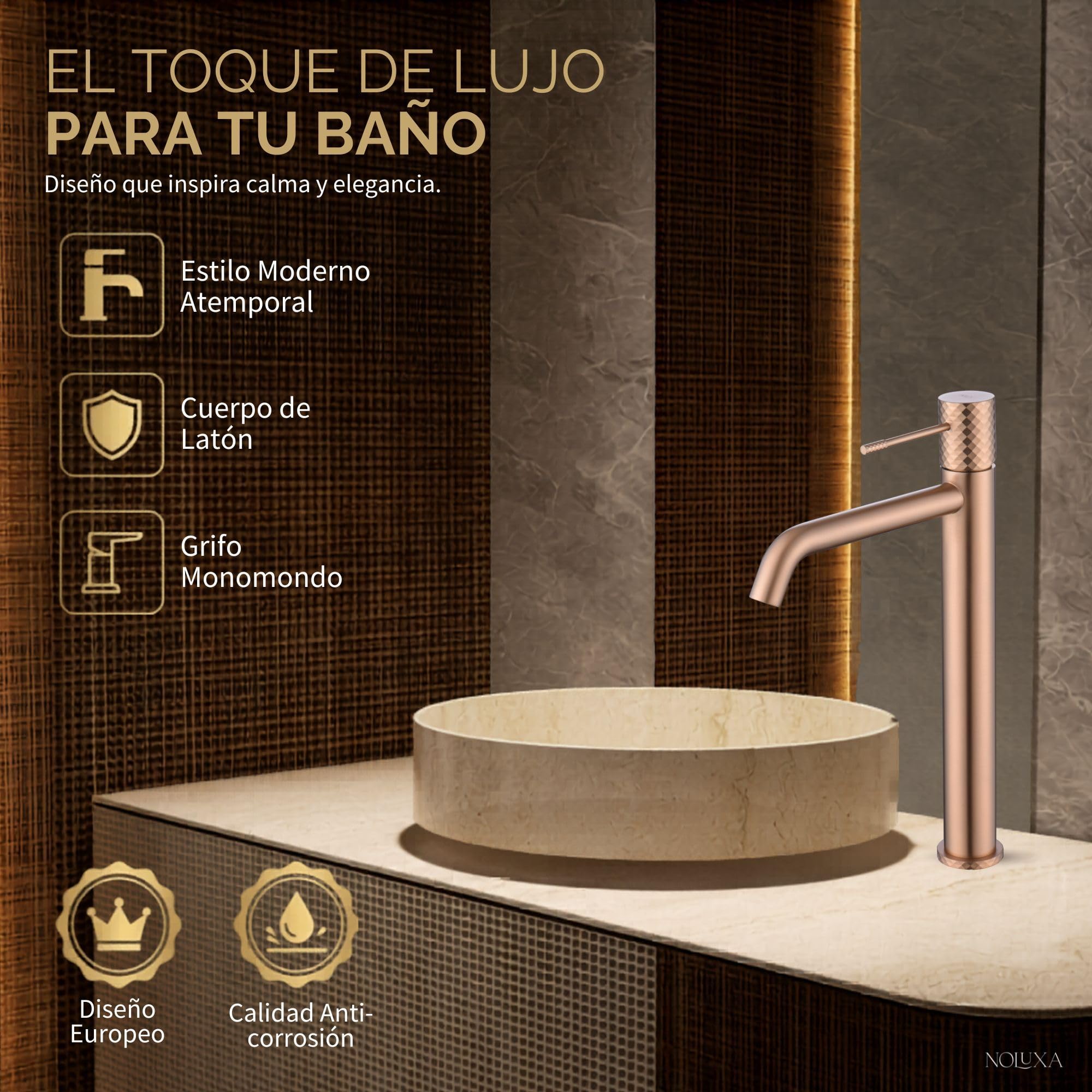 IMEX - Robinet Lavabo Or Rose Bec Haut | Robinet Salle de Bain Mitigeur Eau Froide et Chaude | Robinetterie Monocommande Effet Cascade avec Bec en Laiton et Économie D'Eau | Série Gênes