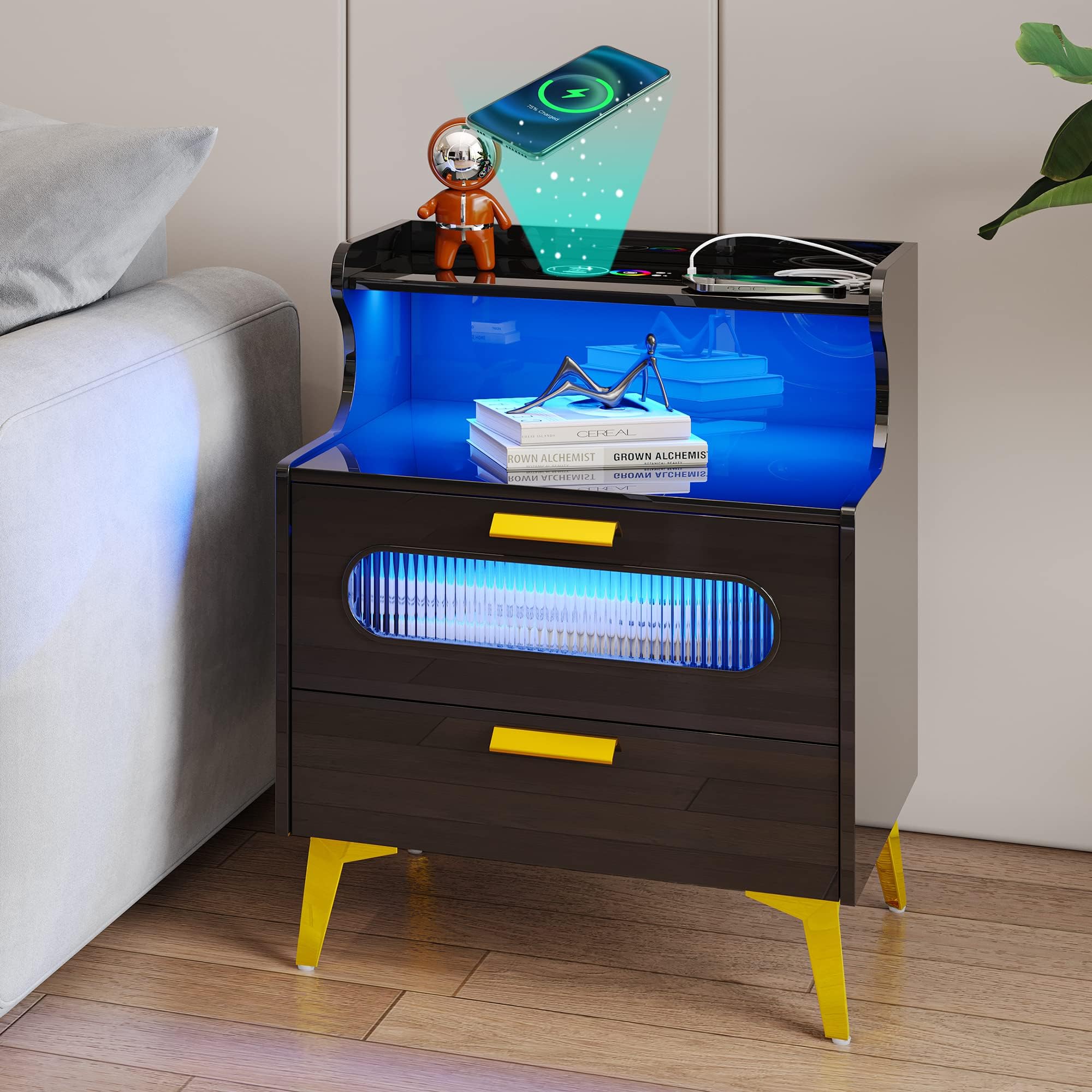 dnbss Black and Gold Nightstand with 2 Drawers & Wireless Charging Station, Modern Bedside Table with RGB Lights & Open Shelf, Smart End Table for Bedroom