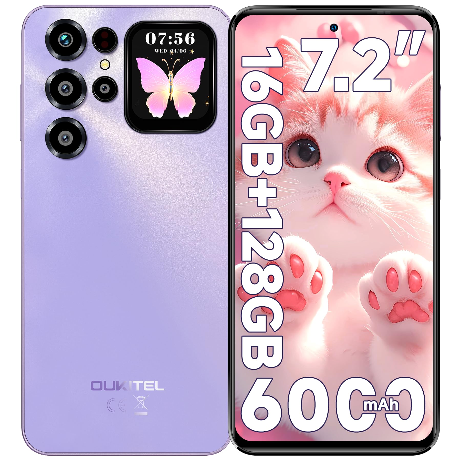 OUKITEL C68 Plus Smartphone 2025, 7.2" HD+120Hz &1.81" Display Telefono Cellulare, 16GB+128GB/1TB Telefoni, 6000mAh Smartphone Android 15, 64MP+8MP Cellulari, Dual SIM/Face ID/Fingerprint, Viola