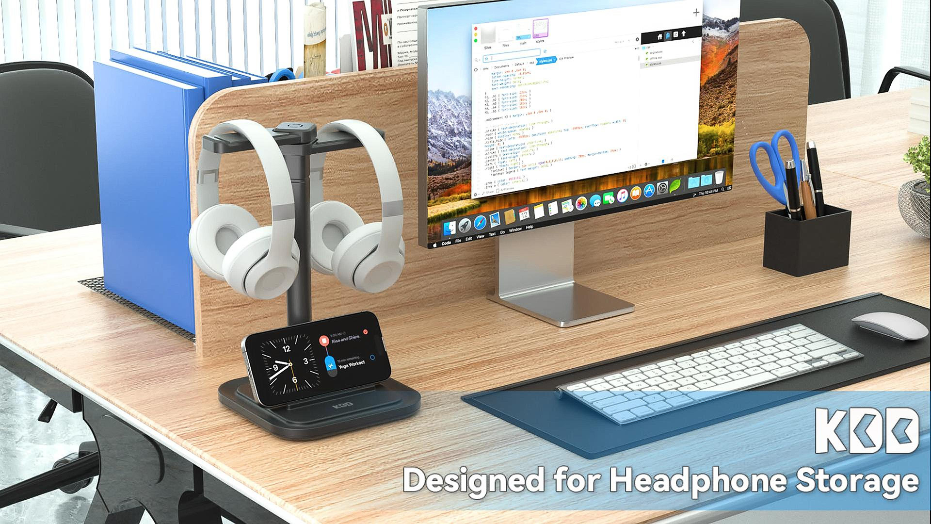 KDD Hoofdtelefoonhouder onder het bureau, 2-in-1 bekerhouder voor kantoor, draaibare hoofdtelefoonhouder onder het bureau, bureau-organizer met kabelorganizer voor kopjes, bekers, gaming-headset, wit