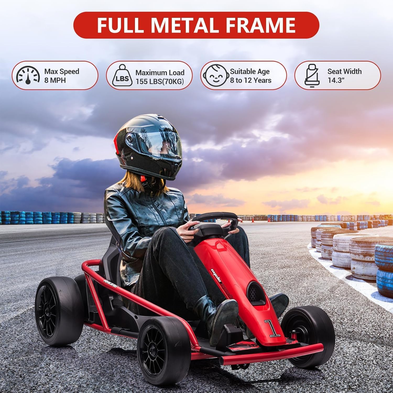 Kart Eléctrico Infantil 24V, 2 Motores Potentes De 300W, Batería 9Ah, Velocidad Máx. 13 Km/h, Kart De Drift Con Música y Bocina, Soporta Hasta 70 kg, Go Kart Eléctrico Para Exterior, Niños De 8 a 12 a