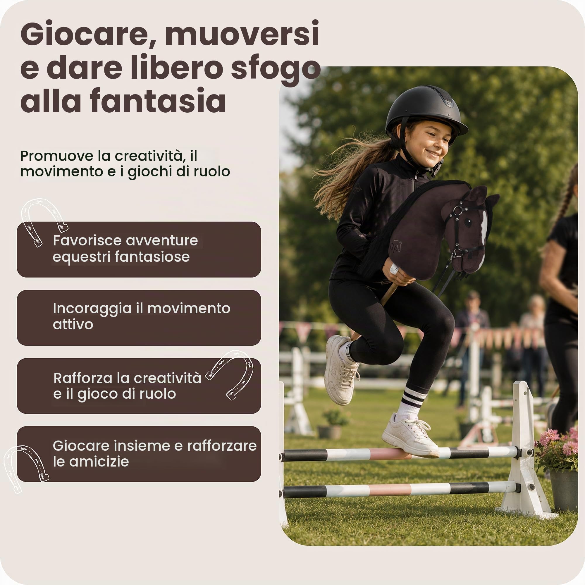 GaloppFreude Hobby Horse Horse - Cavallo grande A3 con asta a vite e flangia - Cavallo da equitazione per bambini e cavalli con crinini lunghi, accessori per Hobby Horse