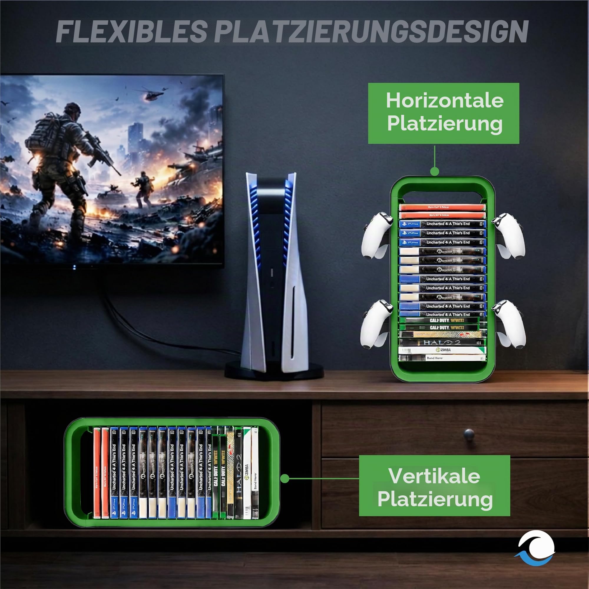 Universal Games Storage Tower Pro - Bis zu 18 Spiele - Mit Controller Halterung für bis zu 4 Gamepads - Gaming Zubehör für PS5, PS4, PS3, Xbox X/S/One, Switch, Switch OLED, Blue Ray, DVD