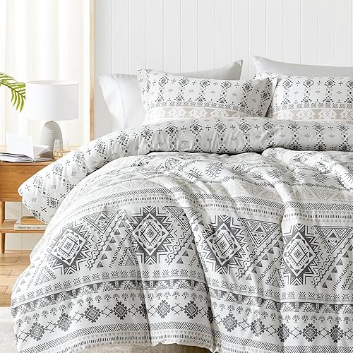 Miniatura 3 de SahSahCasa Juego de edredón tamaño King, juego de ropa de cama de edredón bohemio de color blanco y gris, mullido, fresco, ligero, a rayas, para