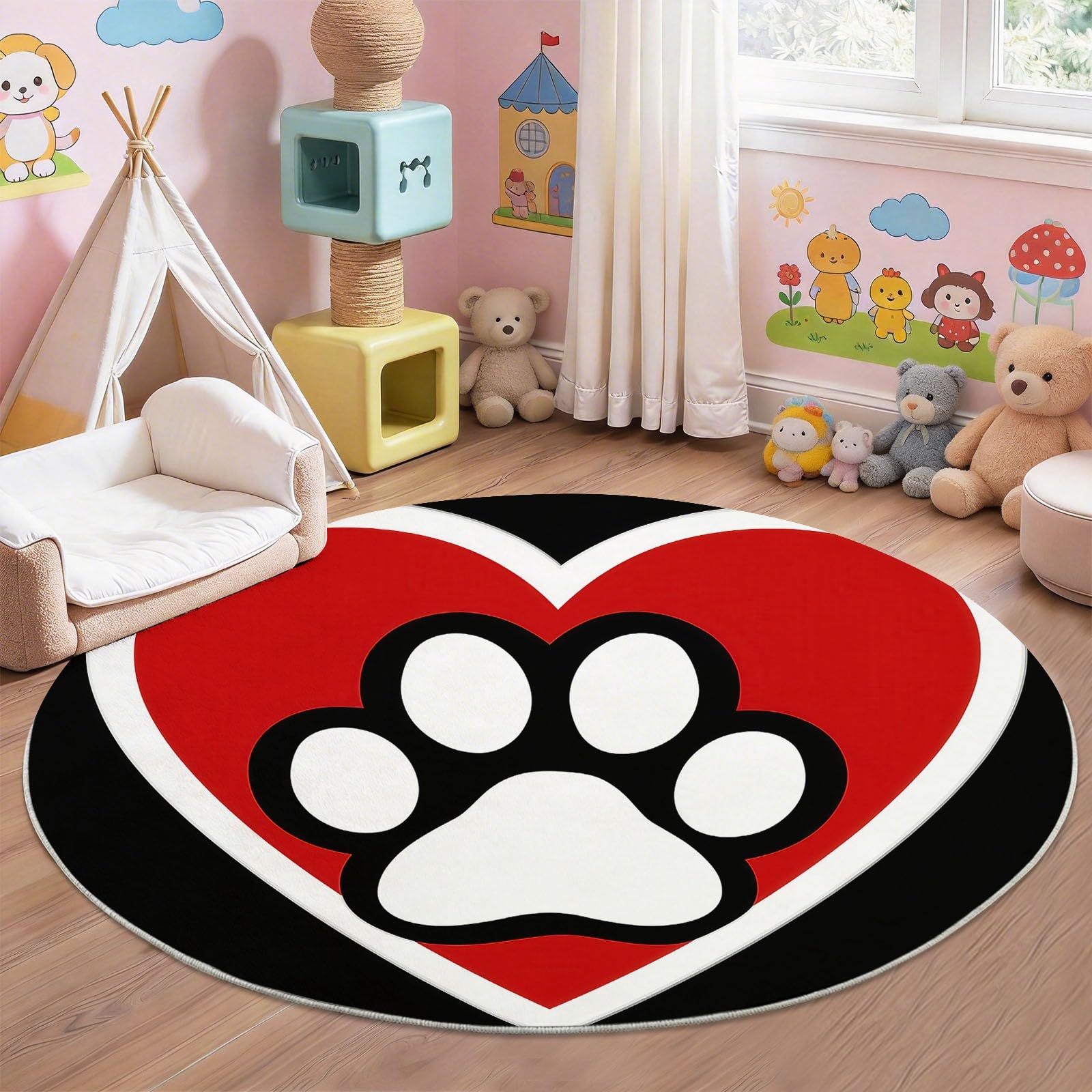 Generico 90 cm Tappeto rotondo Cartone Animato - Morbido Antiscivolo Impronte Zampe Animali Cuore Motivo Tappeti per Soggiorno Camera da Letto Pranzo decorazione, Nero Rosso interni lavabile Tappeto