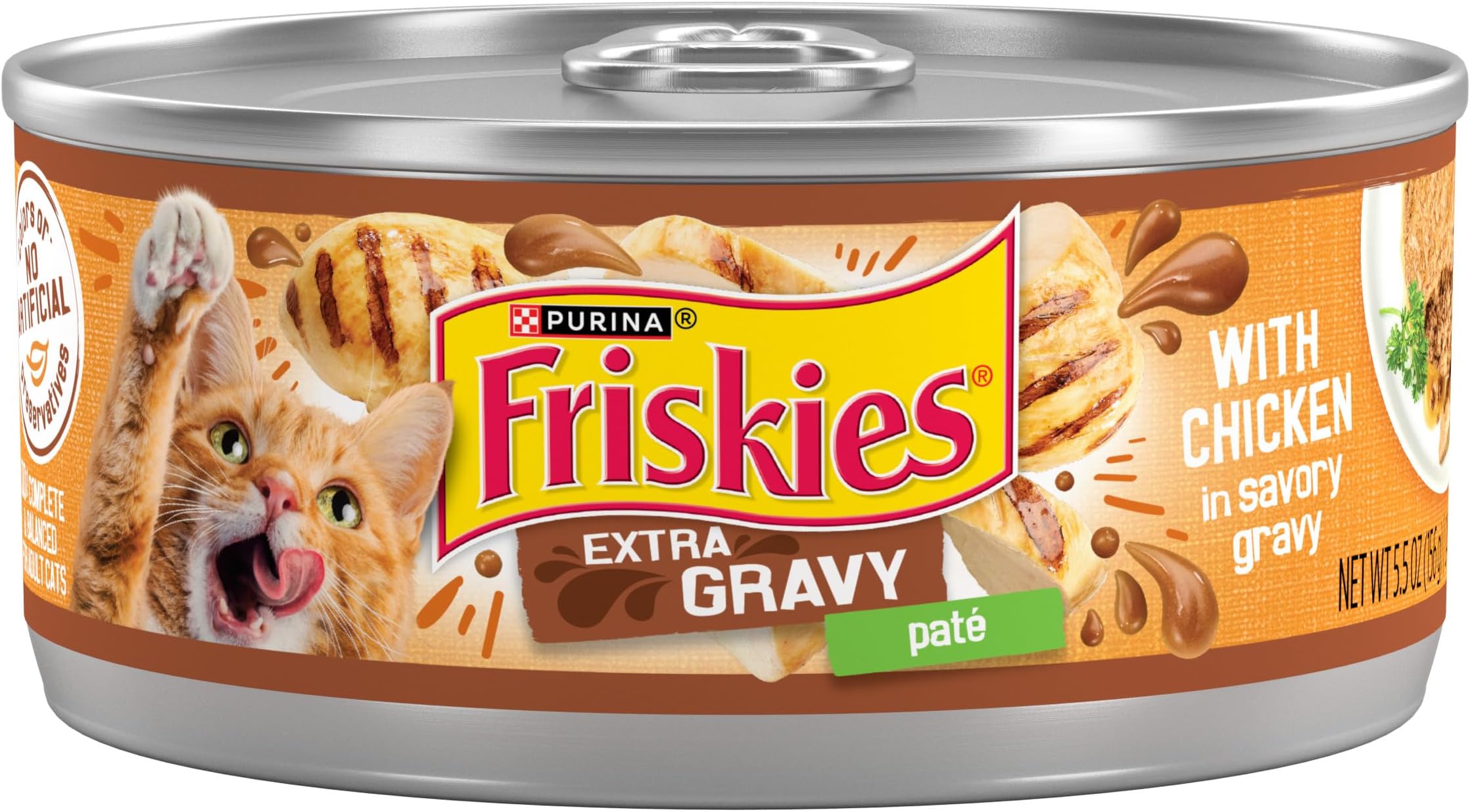 Purina Friskies Wet Cat Food Pate, Extra Gravy Pate, (24) 5.5 oz Cans | Moist cat food in gravy with real chicken, smooth easy-to-chew pate texture, made with no artificial colors or preservatives
