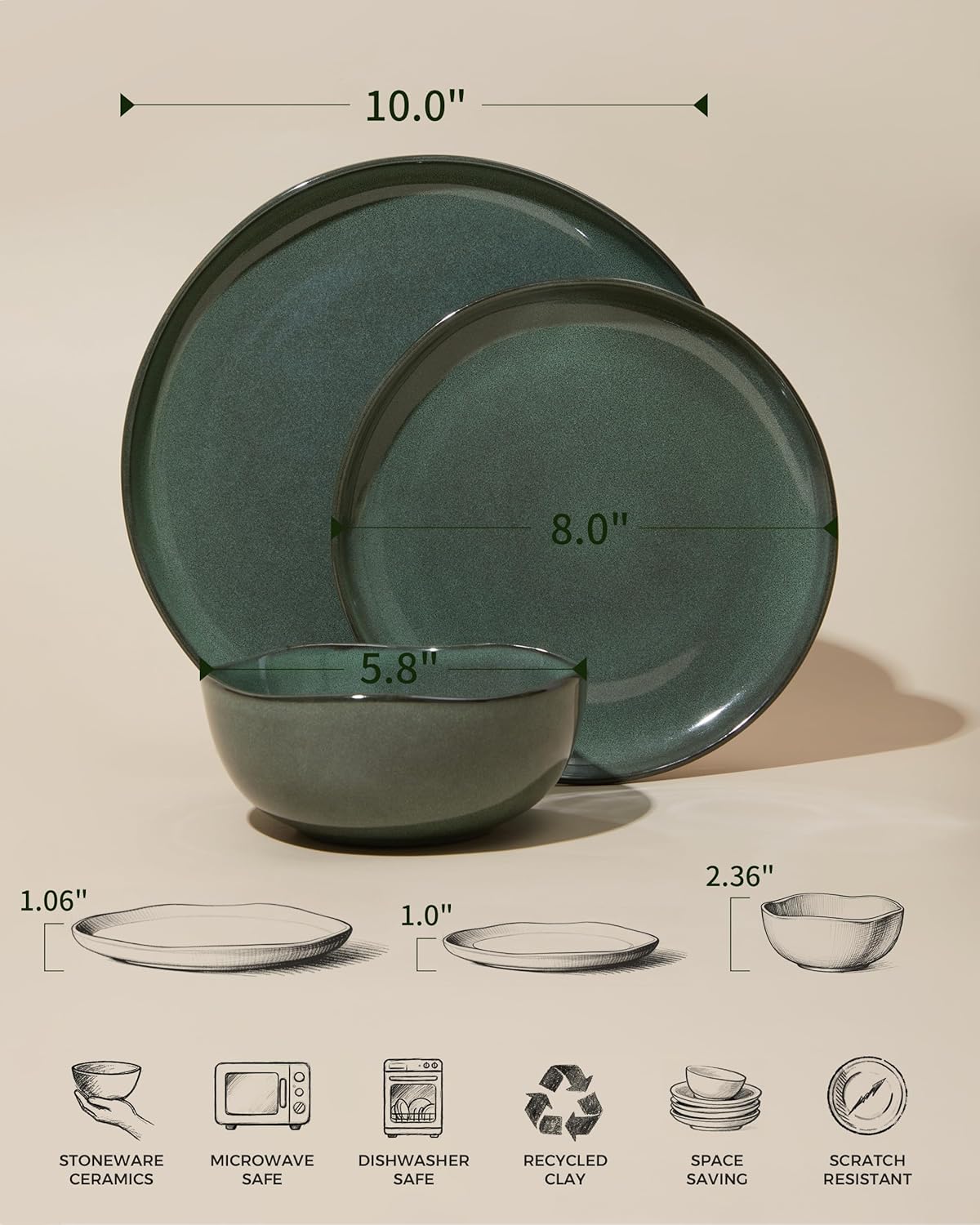 Ceramic Plates and Bowls Set, Everyday Dinnerware Set for 4, Wavy Rim Kitchen Dish Set, Chip Resistant Dishware Sets, Dishwasher Safe Dinner Set, Designed for Simple Meals, Forest Green