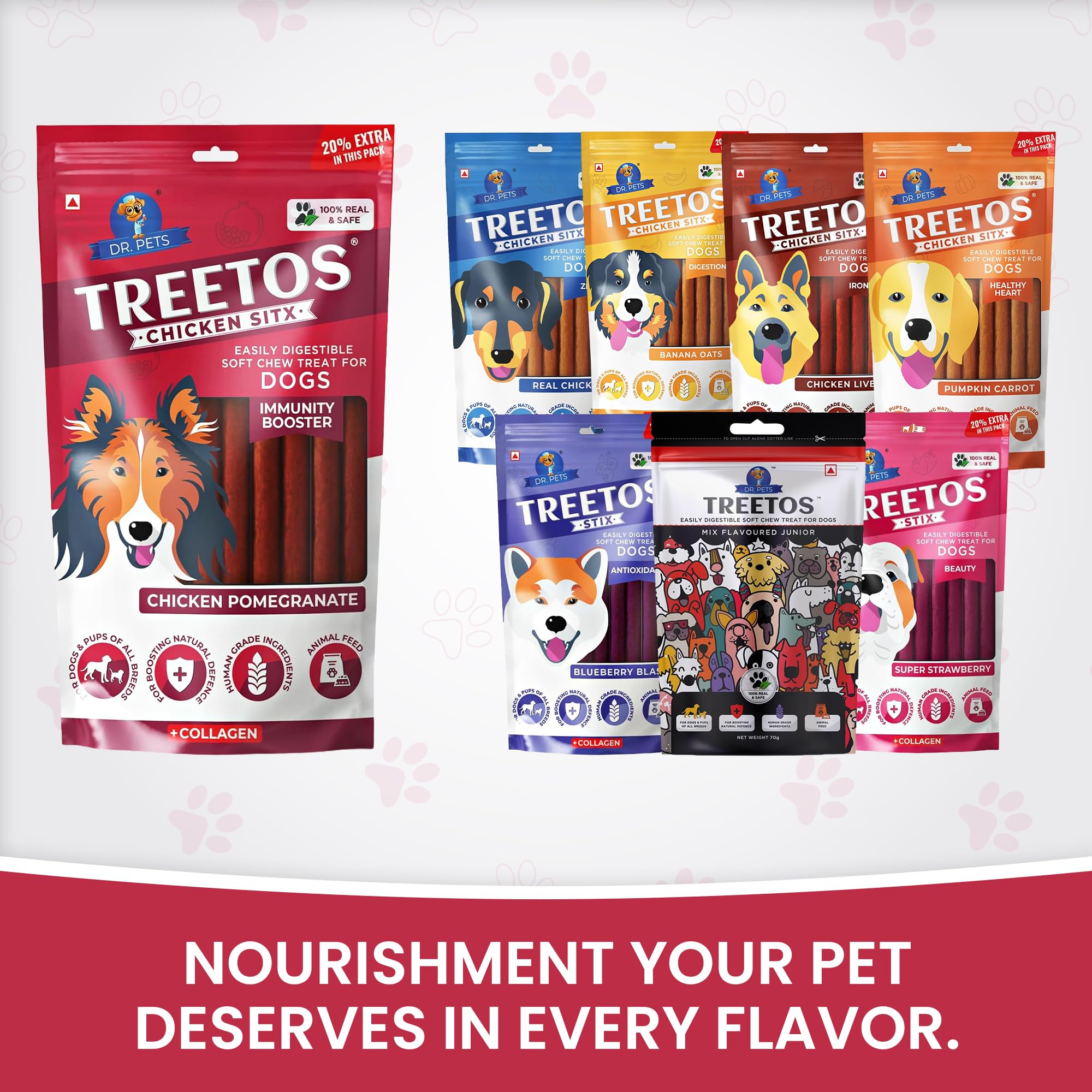 Dr. Pets Pack of 3 (85g Each) Treetos Chicken Stix Dog Treats | Chicken Pomegranate Flavour | Soft Chew Sticks for Puppies & Adult Dogs | Training Reward Snacks | Easy to Chew | Pouch Pack 3