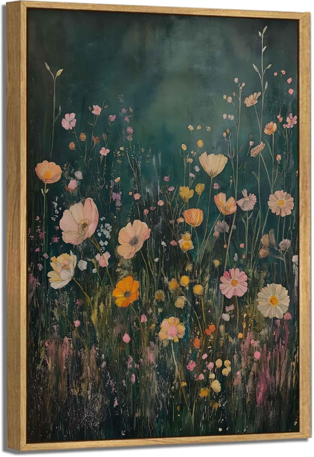 Arte de pared enmarcado de flores silvestres oscuras, arte vintage botánico de flores silvestres con estampado floral, paisaje natural, imagen