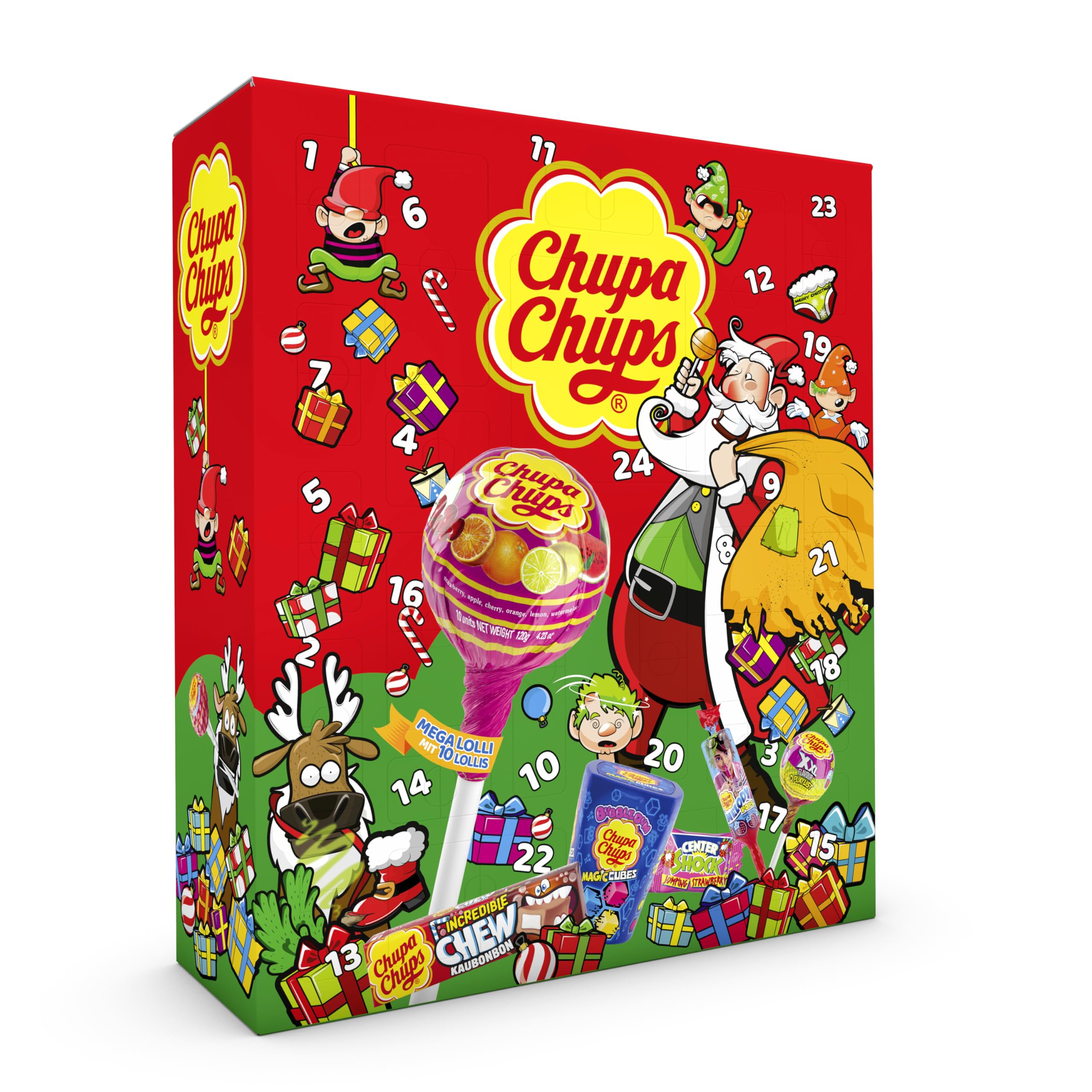 Chupa Chups XXL Adventskalender 2025, Weihnachts-Kalender mit 24 Türchen, Lutscher & Kaugummi, Süßigkeiten, geeignet für Kinder und Erwachsene, 1x614g