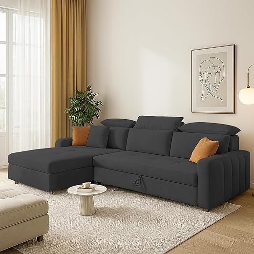 Gagnon L Shape Corner Sofa Cum Bed - Black Fabric
