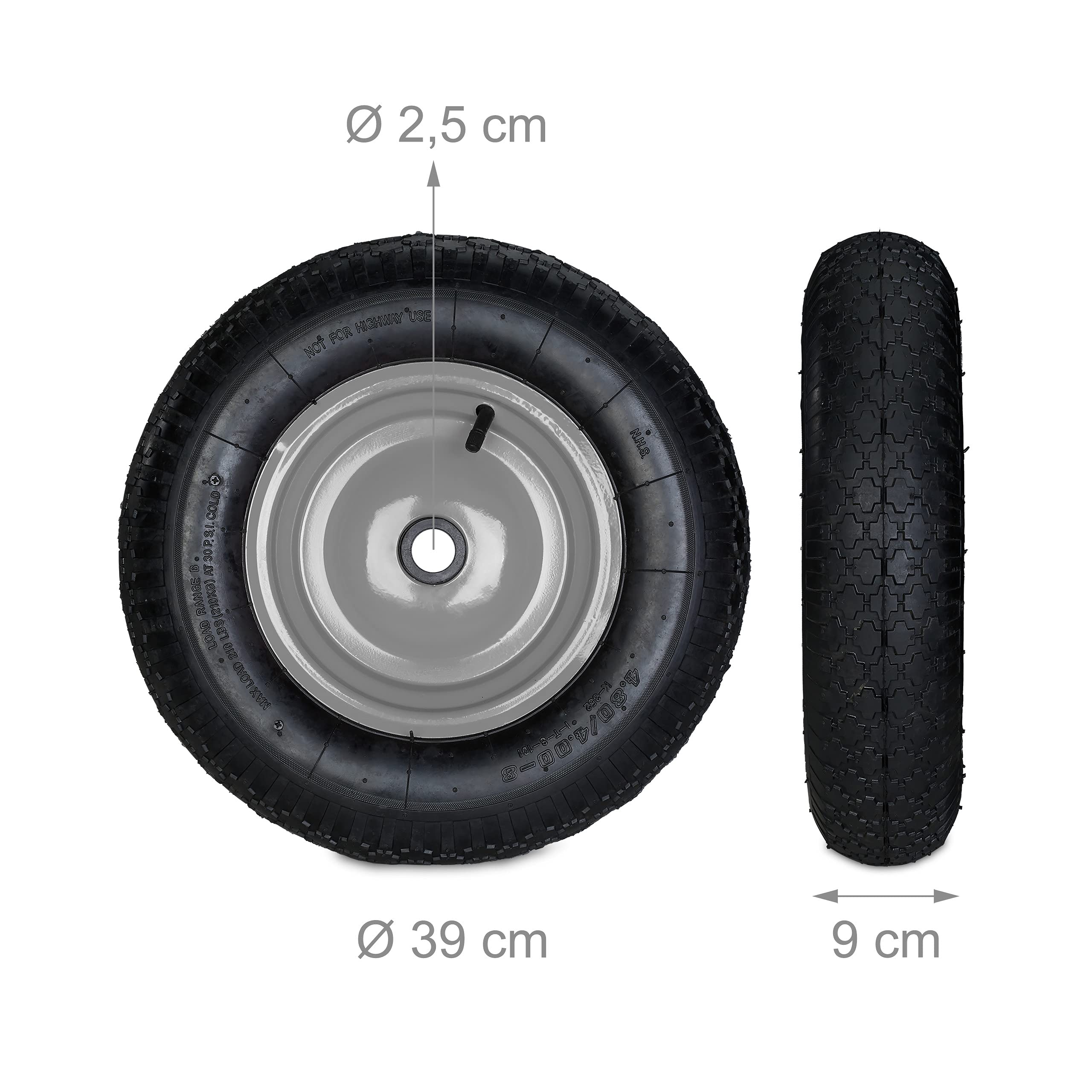 2 x koło do taczki 4.80 4.00-8, opony pneumatyczne, felga stalowa, po 3 adaptery, koło zapasowe, taczka, do 120 kg, czarno-szare