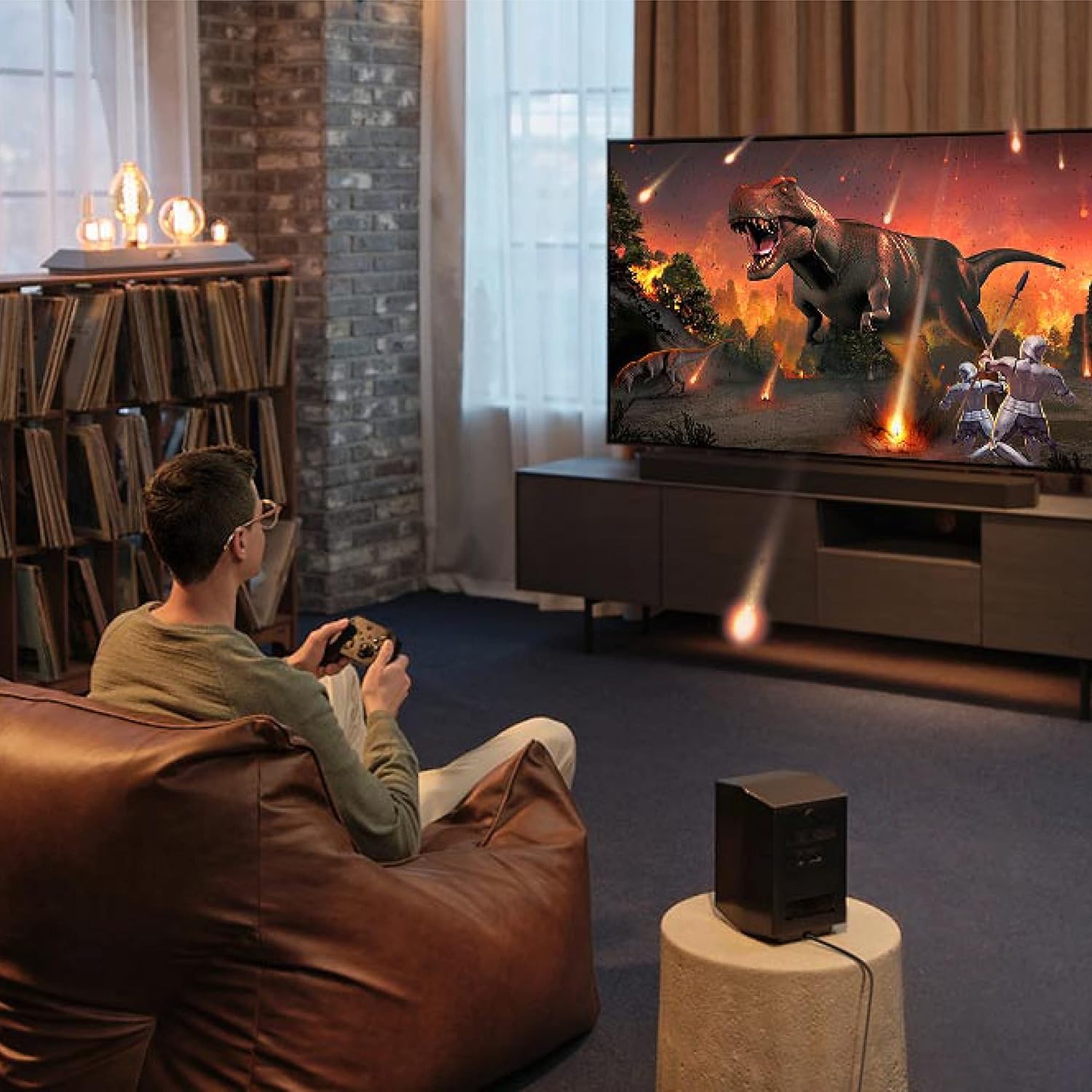 Samsung soundbar positioned in front of a TV, highlighting wireless Dolby Atmos capability.