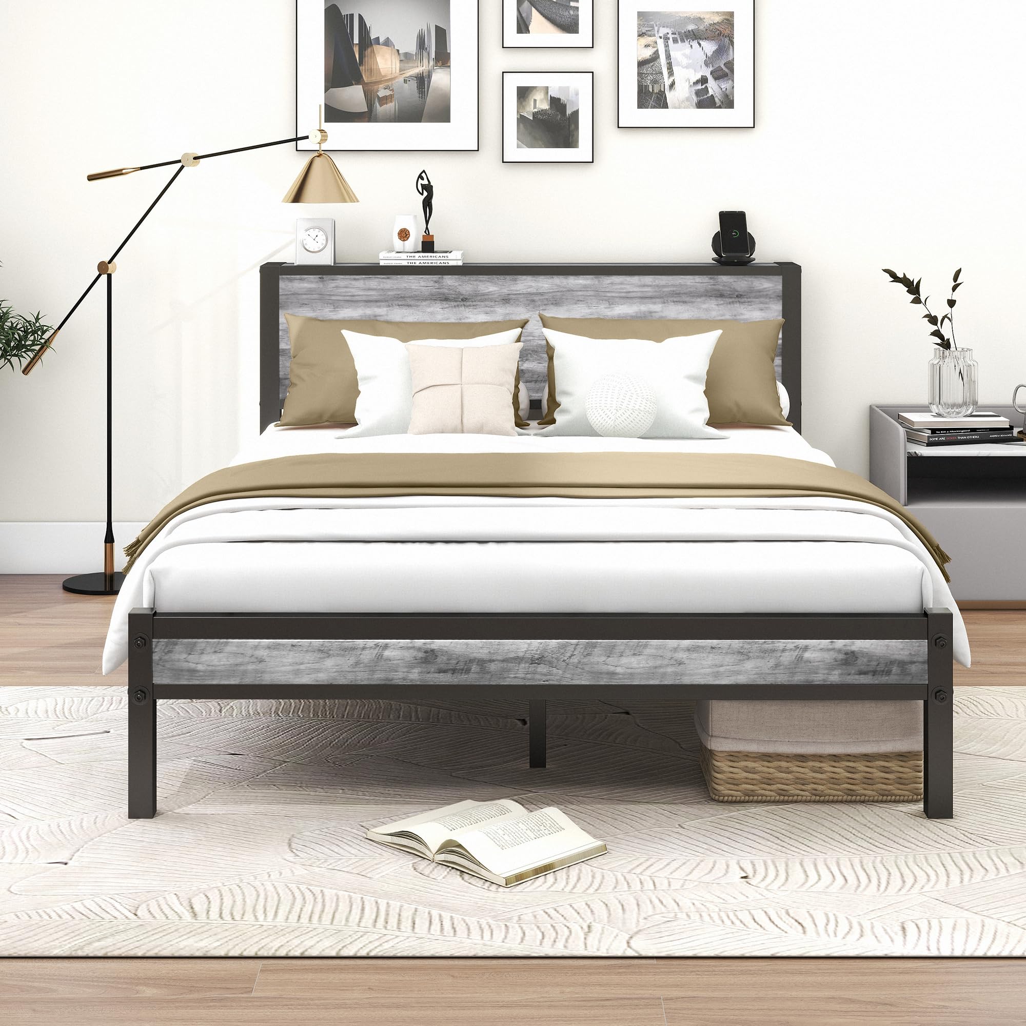 DUMEE King Size Bed Frame with Storage Wooden Headboard, Metal Bed Frame Kingsize Bed Base/Mattress Foundation, Enhanced Support Noise Free, Textured Black+Grey Oak