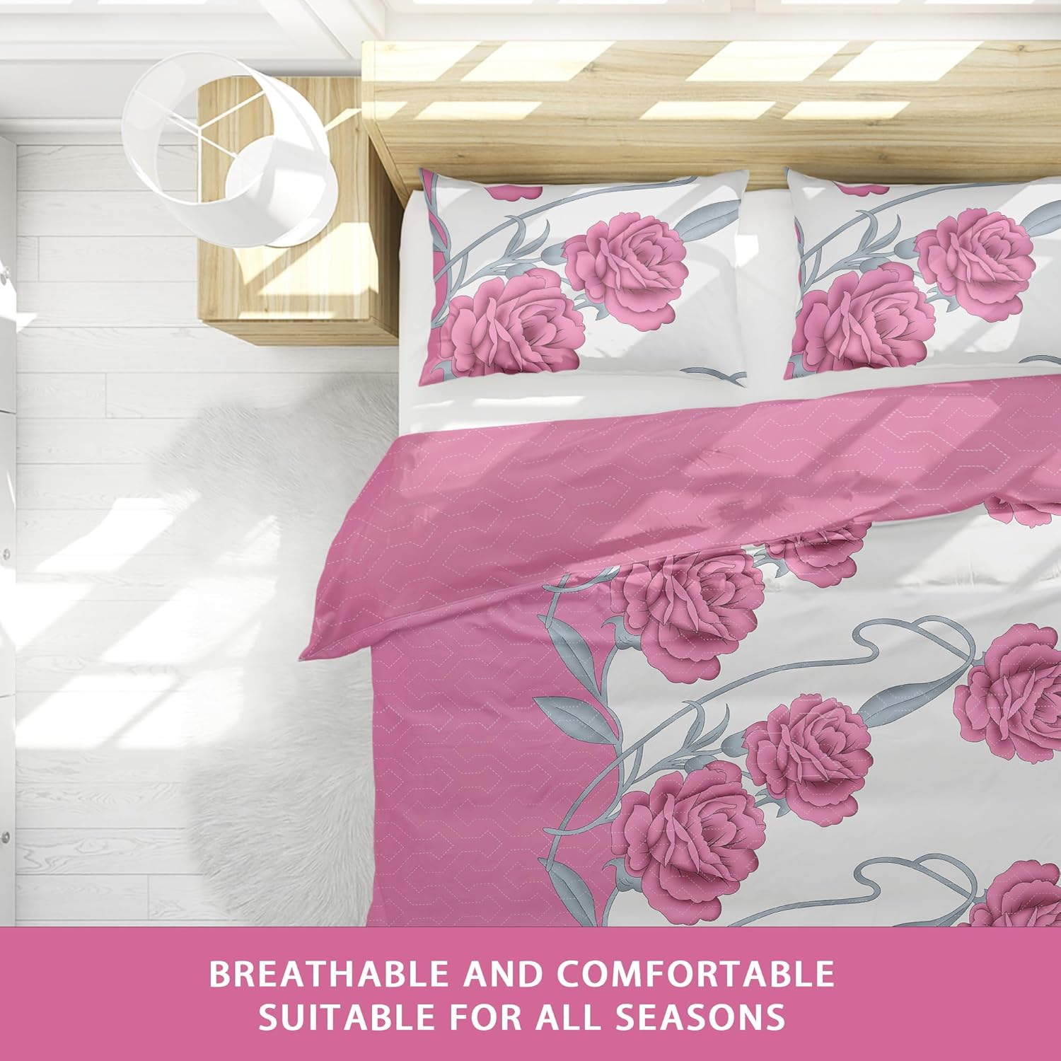 Deepsleep Queen Comforter Set 9 Pieces, All Season Luxury Bed in a Bag for Bedroom, with 2 Pillowcases and 6 Curtains, Ultra-Soft Microfiber for Complete Bedroom Decor, Pink Rose