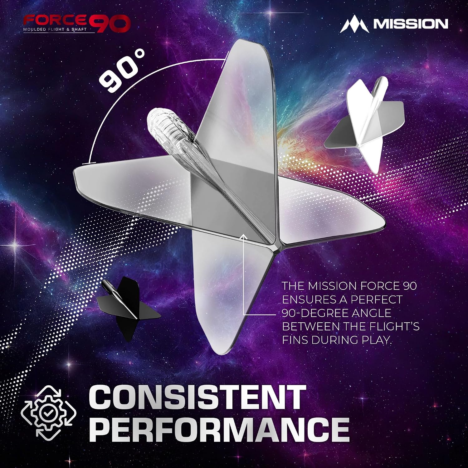 Mission Darts Force 90 | Integrated Precision Moulded Dart Flight And Shaft System, Pack of 3 Professional Highly Durable 2-In-1 Combined Dart Flights And Stems | Slim