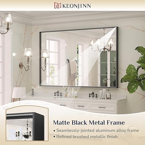 Miniatura 98 de Keonjinn Espejo de baño dorado de 48 x 36 pulgadas, espejo rectangular con marco de metal dorado cepillado, espejo de pared grande rectangular