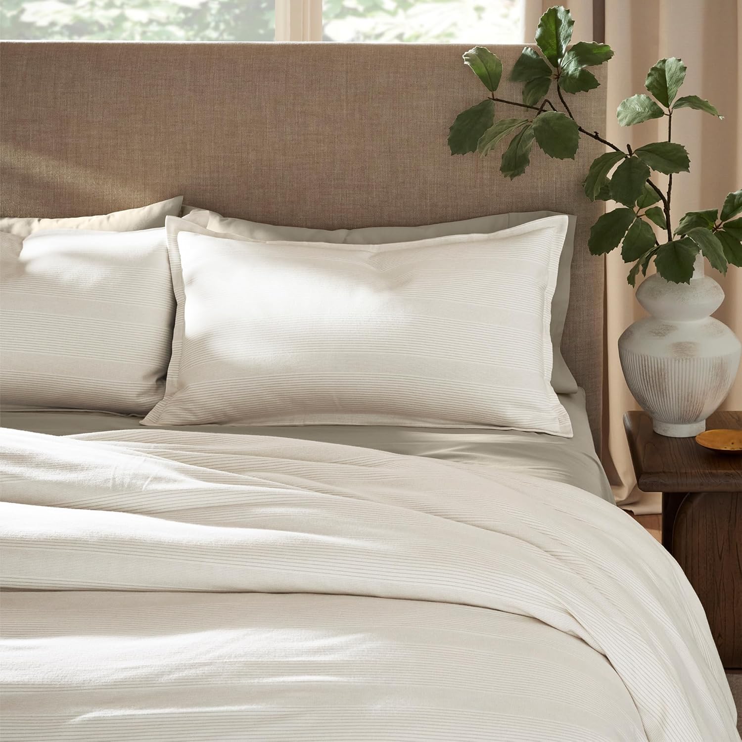BOLL & BRANCH Flannel Fine Line Stripe Duvet Set - King/Cal King, Cream/Oak - Luxury 100% Organic Cotton - 1 Duvet Cover, 2 Shams - Velvety Soft, Warm & Breathable Weave
