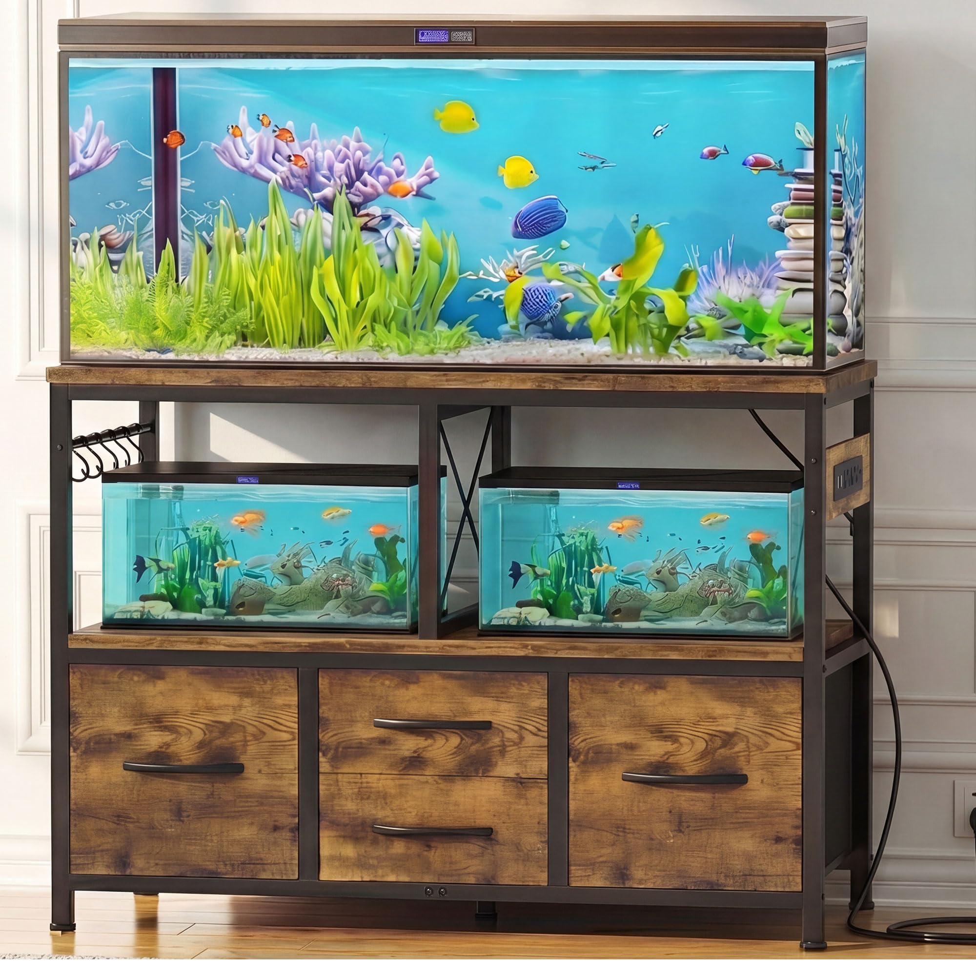 Support d'aquarium Heybly avec prise | Meuble robuste marron rustique