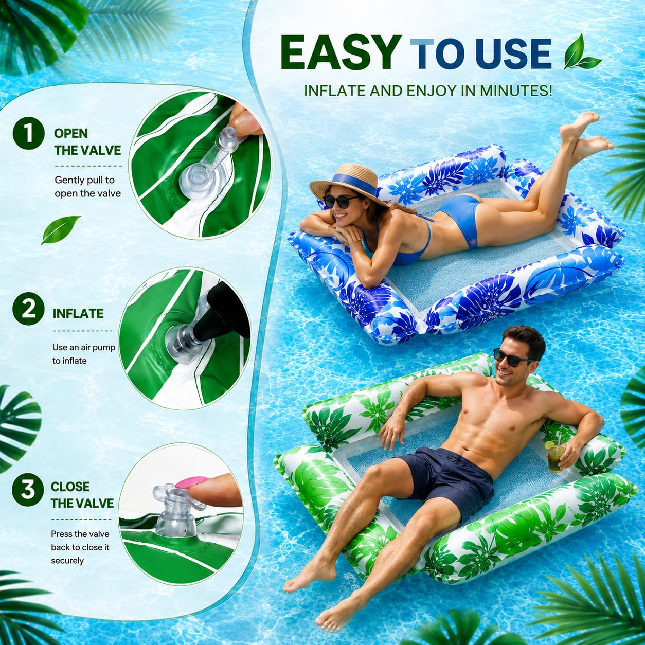 Hamaca Hinchable Piscina Set de 2, dellyy Sillon Hinchable Piscina para Adultos con Malla Transpirable, Hamaca de Agua con Respaldo y Soporte para Piernas, Ideal para Playa, Vacaciones y Relax