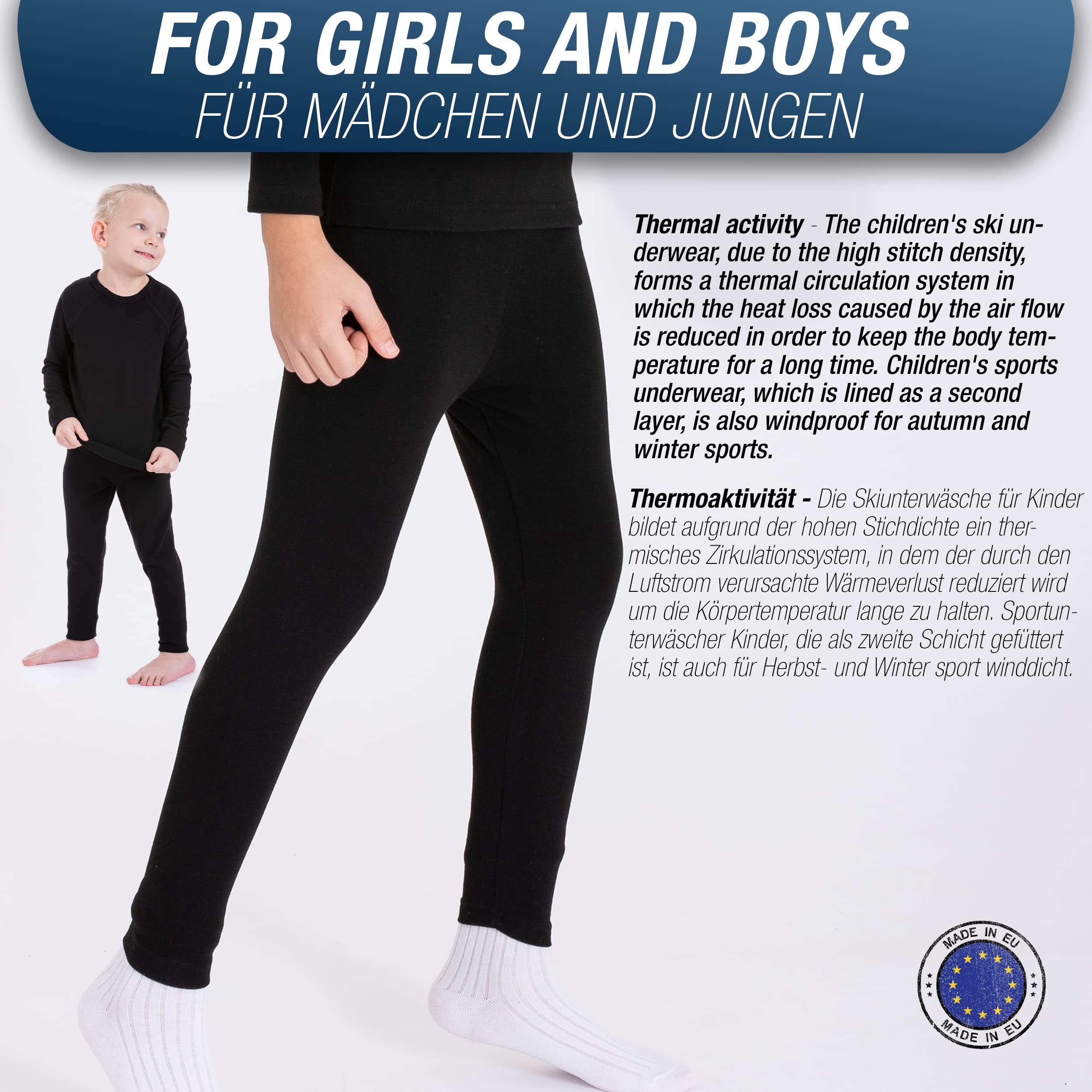 LOREZA® 2 Enfants Garçons Filles Thermique Legging sous-vêtements avec Polaire Chaud uni