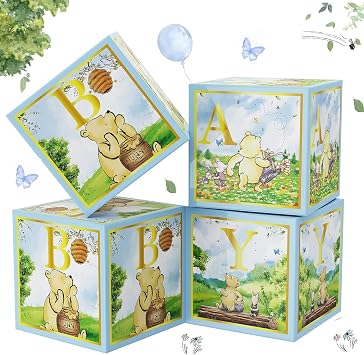 Classic Winnie Baby Shower Boxes Blue for Newborn Baby Boy Girl, Vintage Winnie Bear First 1st Birthday Party Decorations the Pooh Theme Box Block Supplies for Kids Cake Smash Photography Favor Props
