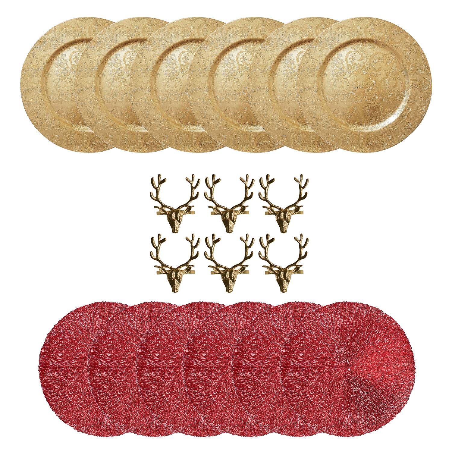 YöL Gold And Red Christmas Festive Dinner Table Setting Plate Placemat Napkin Ring