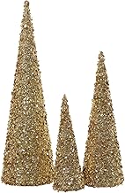 Set of 3 Sparkling Gold Jeweled, Pearl and Glitter Christmas Cone Trees- 12, 17.5 and 24 Inches High