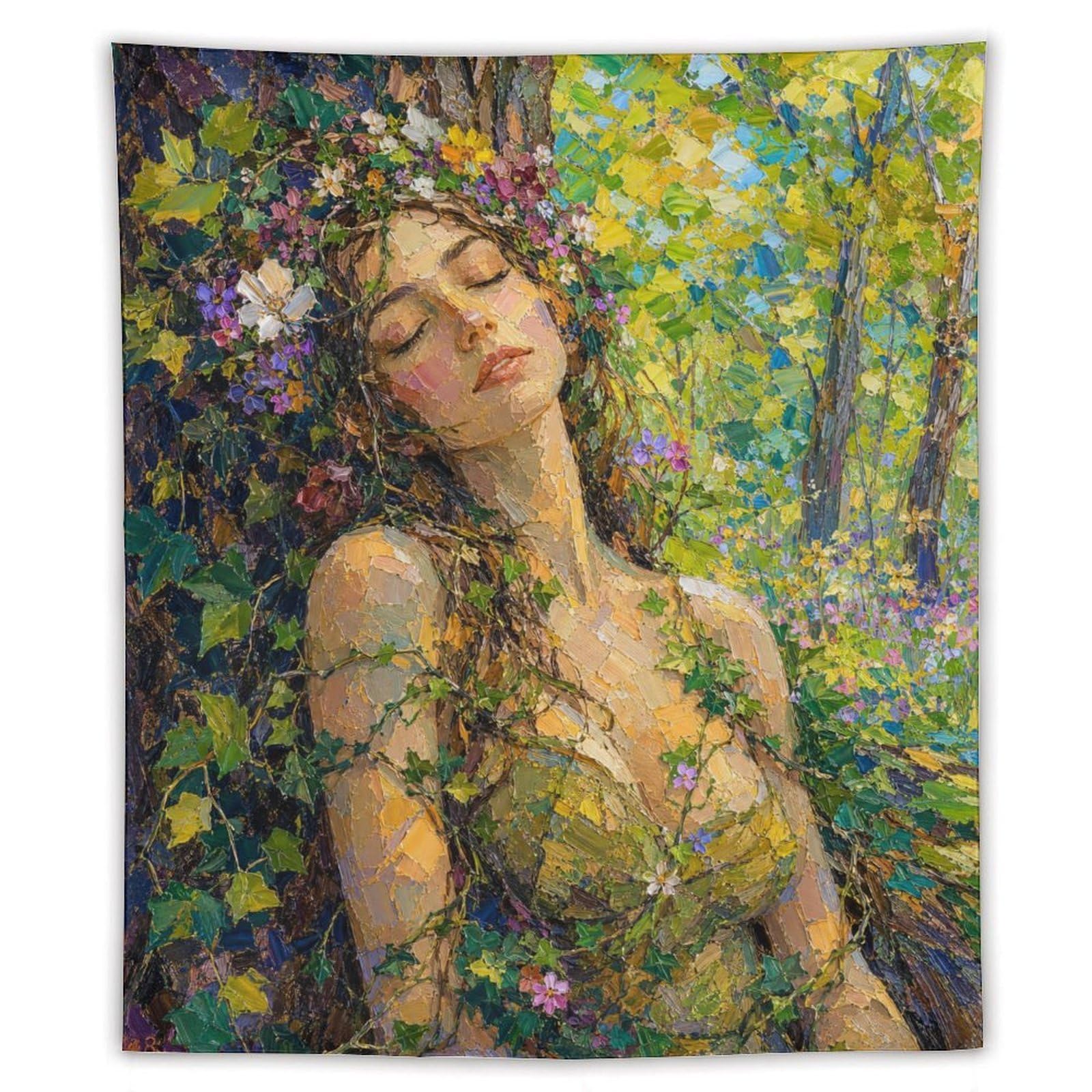 H3B8U2Y5 Forest Nymph with Flowers Wall Tapestry, Surrealist, College Dorm