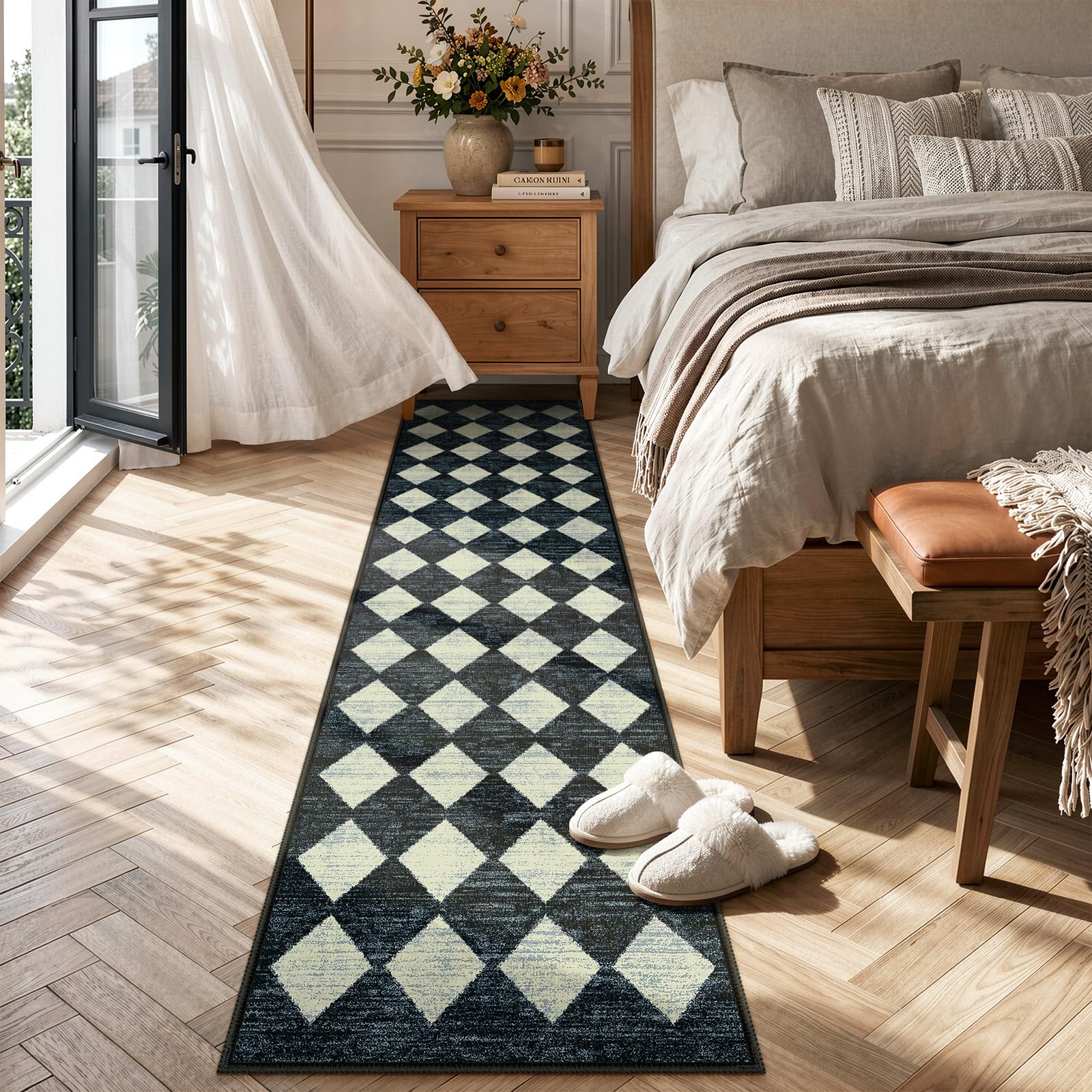 Lahome Alfombra de Pasillo marroquí de 2 x 8 pies, Color Negro, con Respaldo de Goma, Antideslizante, Lavable, para Interiores, para cámper, Entrada, baño, Suelo de Madera Dura