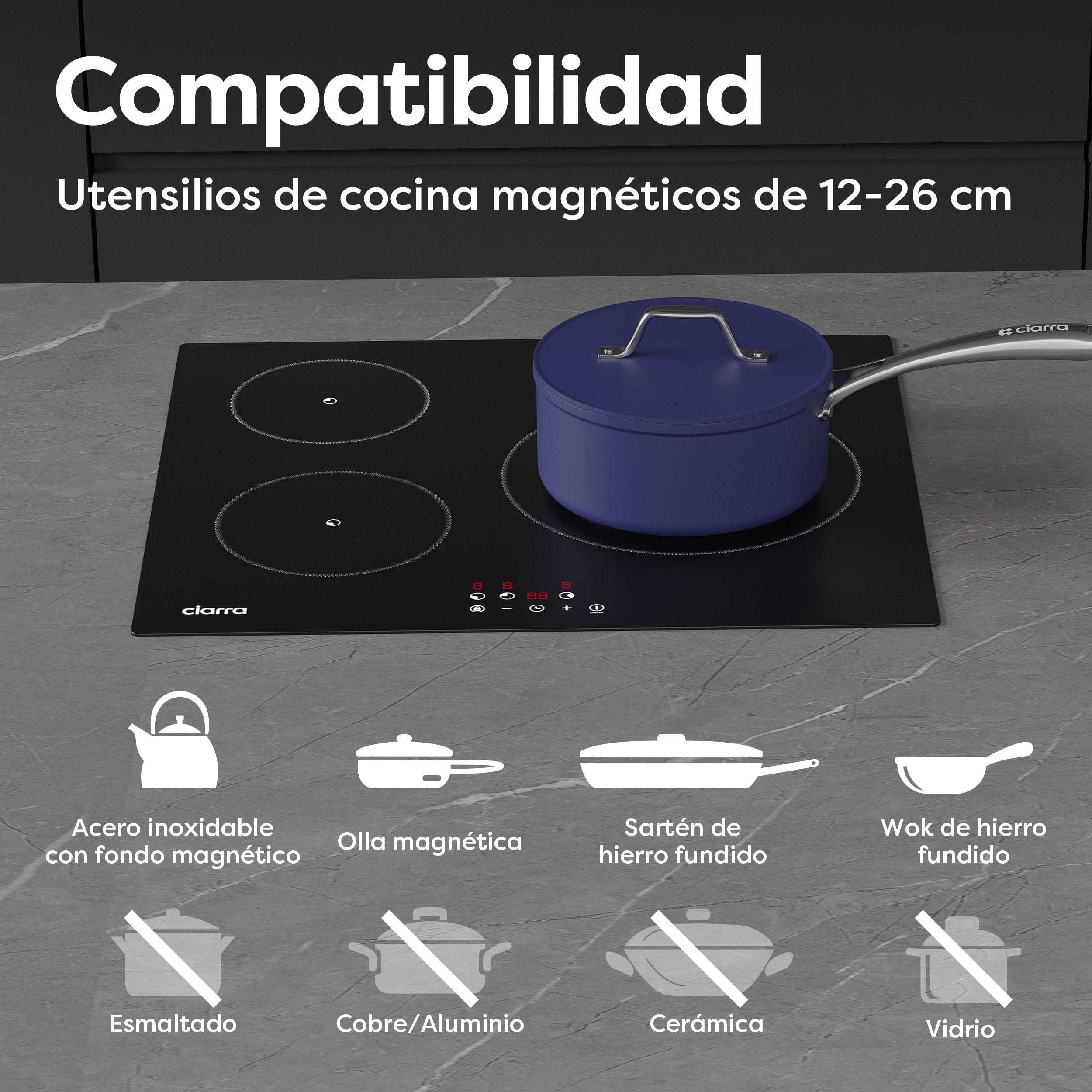 Ciarra CABBIH3-F Placa Induccion, 3 Zonas, Empotrable de 60cm, Temporizador | Bloqueo Infantil, Detector de Recipientes, Limitador de potencia, ideal para hogares con potencia contratada limitada