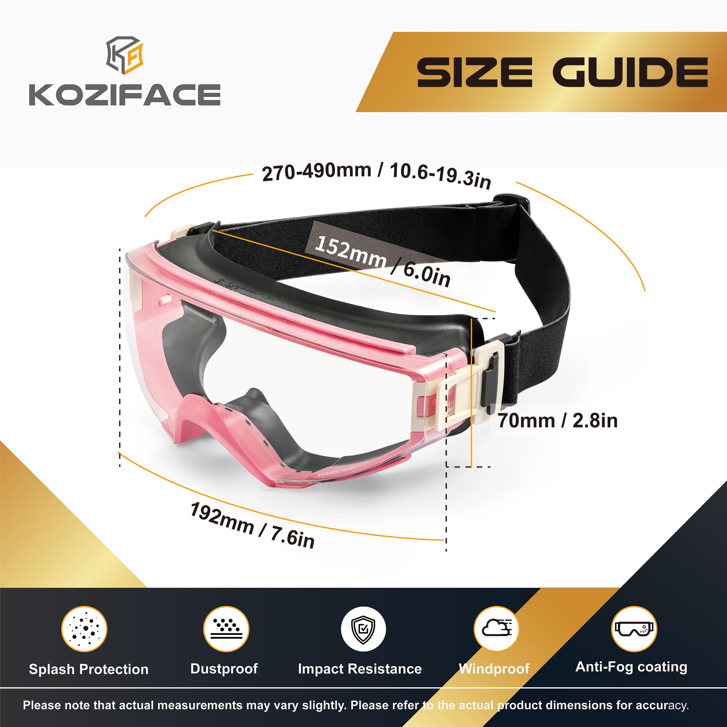 Koziface S60Z Lunettes de sécurité pour homme et femme avec sangle élastique réglable 2 façons de porter la protection certifiée Noir Rose Résistance aux chocs de laboratoire Anti-buée, poussière et