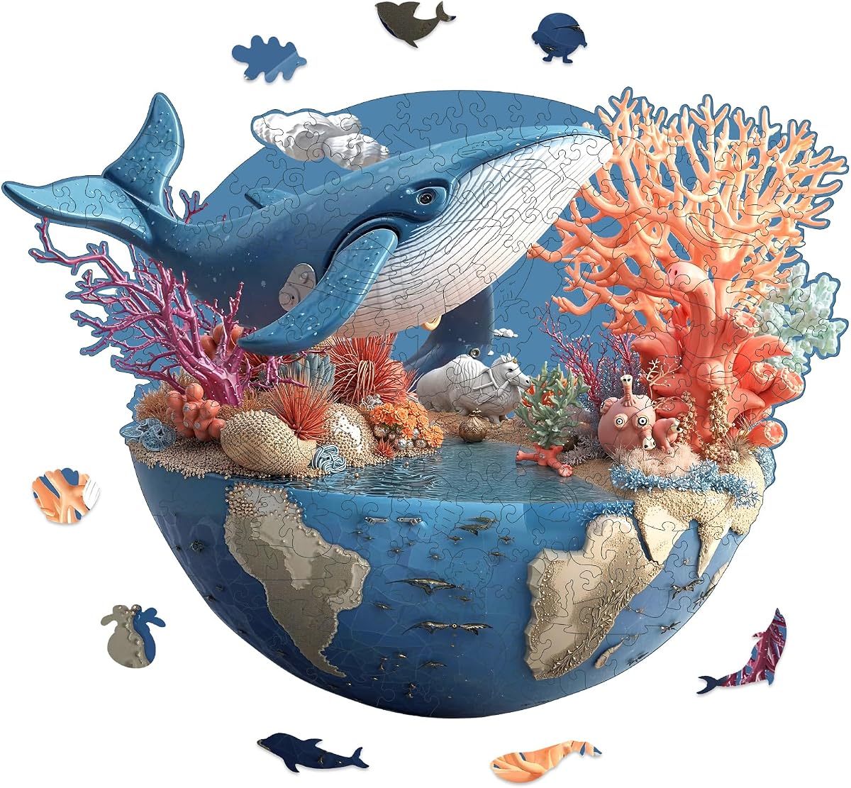 Ixfyloop Wooden Puzzle 512Pcs Whale Ocean Jigsaw Decor Gift 18.5x13.8in | 3D Vision Ocean Earth Design,3MM thick Unique shape laser-cut pieces,Wall decor,birthday&holiday gift,Family mindful Game