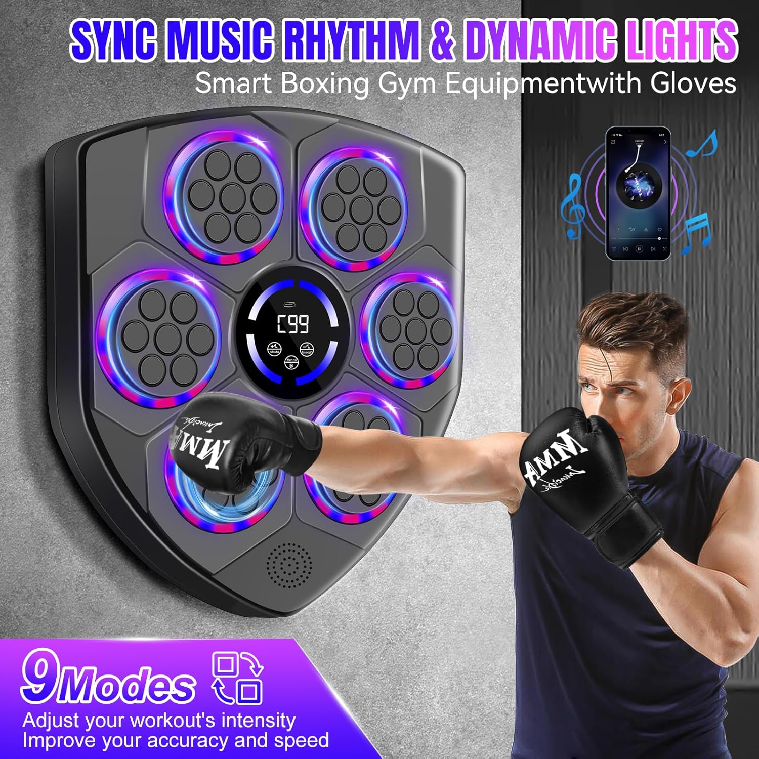 Smart Music Boxing Machine for Adults and Kids, Bluetooth Boxing Equipment with Boxing Gloves, Wall Mounted Electronic Punching Machine for Home Gym Workout Indoor Shield