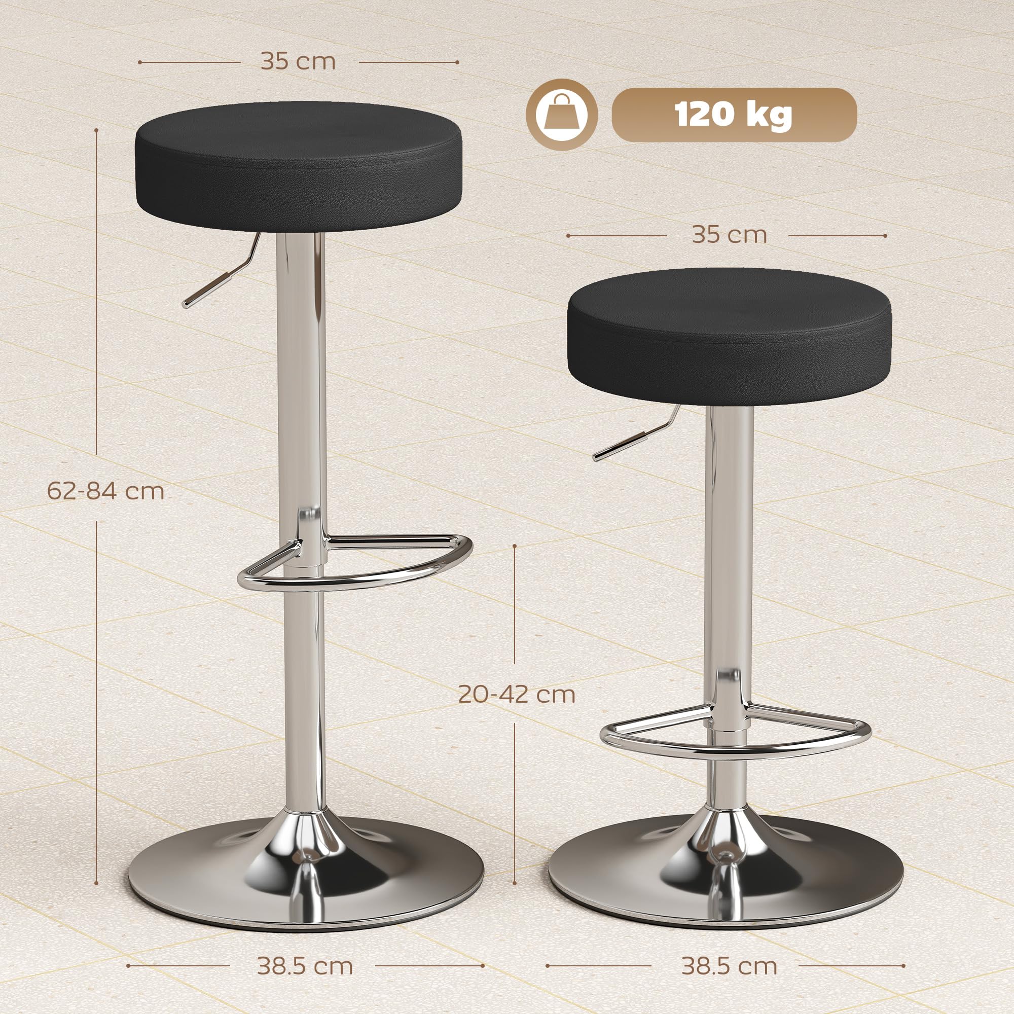 HOMCOM Set 2 Sgabelli Bar con Altezza Regolabile e Girevoli a 360°, Sgabelli Cucina Alti in PU con Poggiapiedi, Seduta Morbida, Struttura in Metallo, Sedie Bar Alte per Penisola Sala da Pranzo, Nero