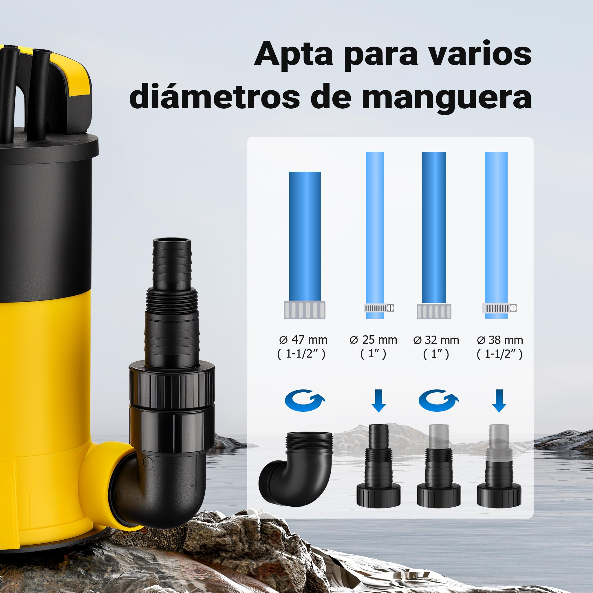 Wiltec Bomba sumergible 400W con flotador, caudal 8000 l/h, altura 5 m, nivel de aspiración 1 mm, anticorrosión para agua limpia