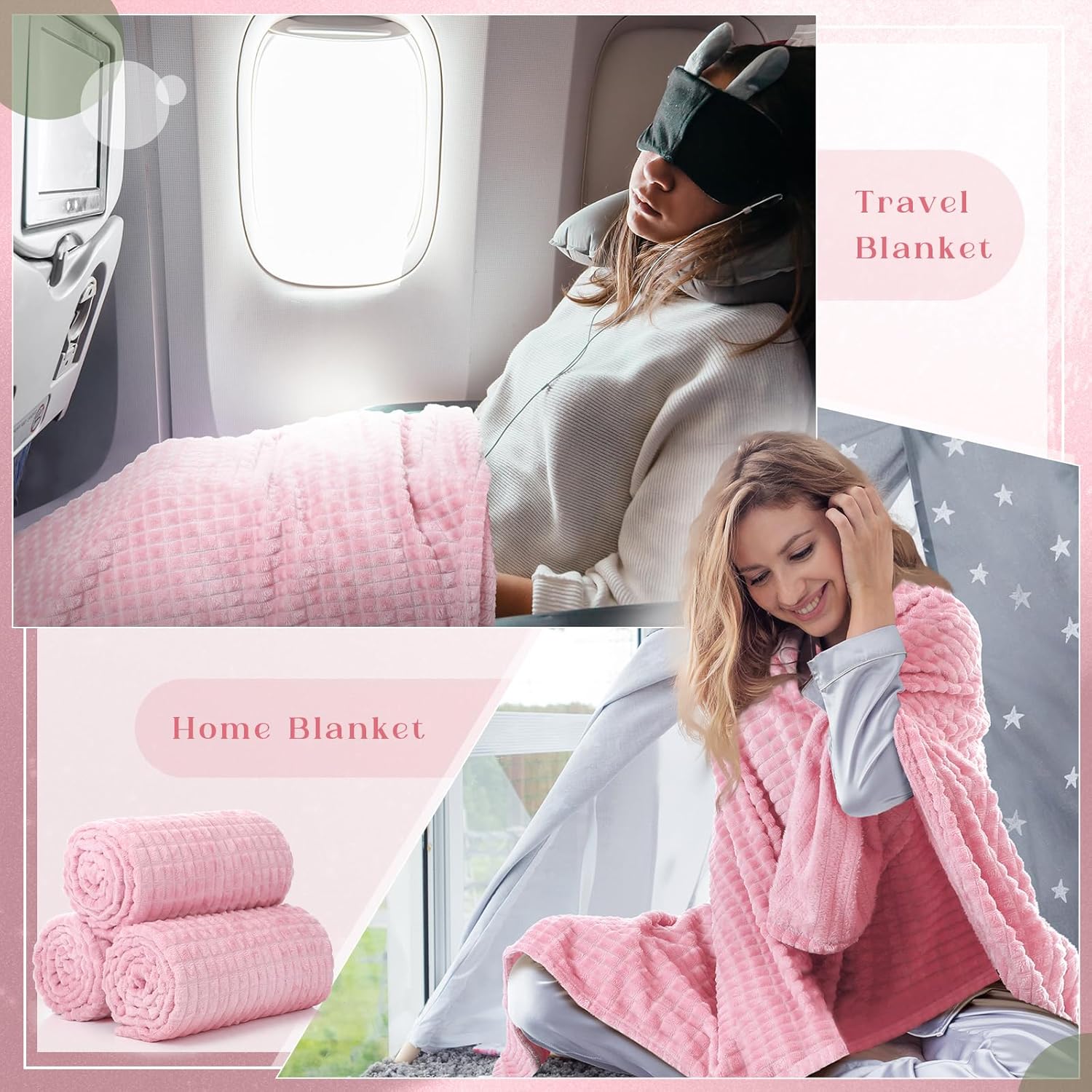 Buryeah 6 Pcs Flannel Fleece Throw Blanket Bulk 50 x 60 Inch Wedding Throw Blanket 3D Jacquard Grid Design Soft for Couch Sofa Chair Donation Homeless Gift (Pink) - Image 4