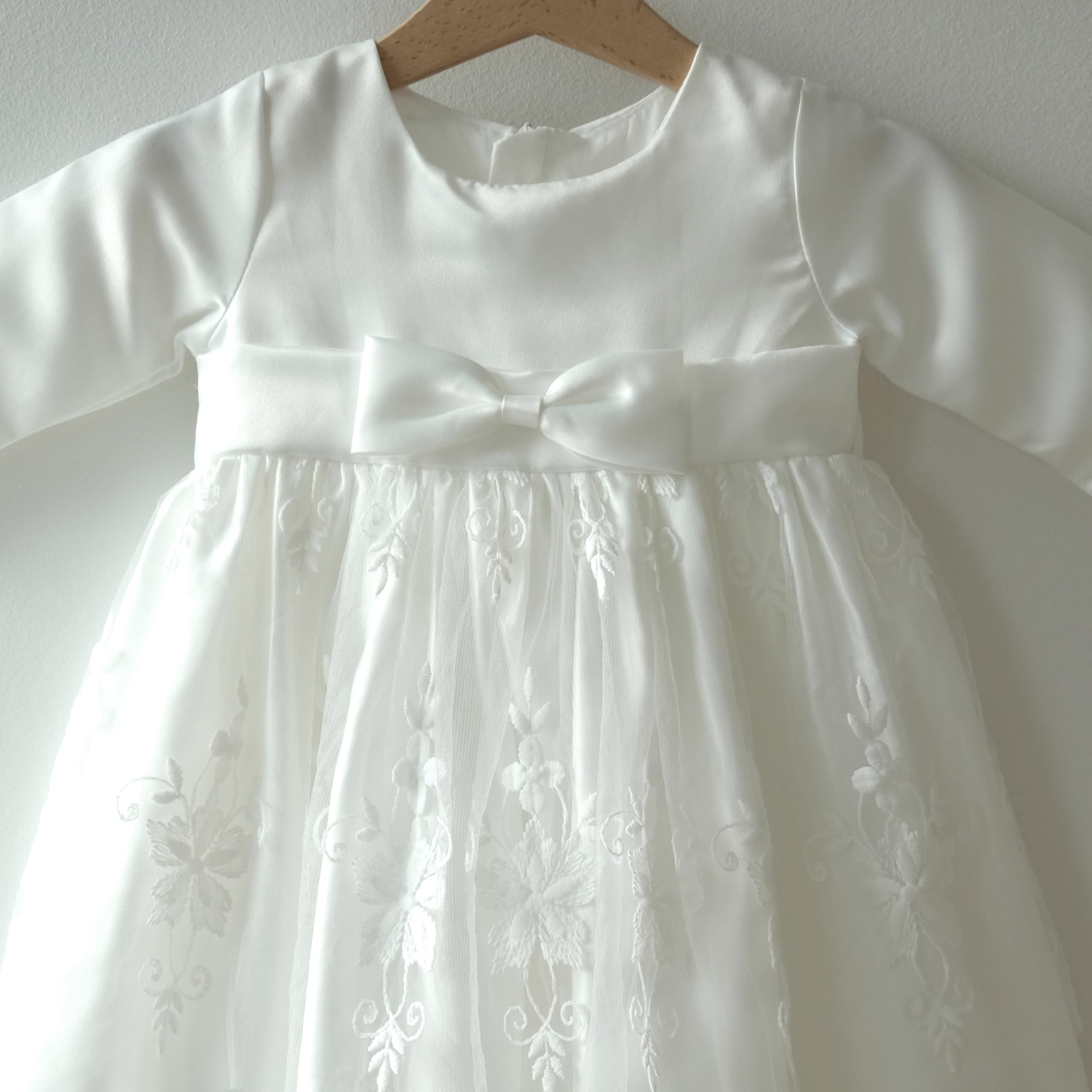 Taufkleid Langarm Satin Spitze Baby Mädchen Blumenmädchen M35