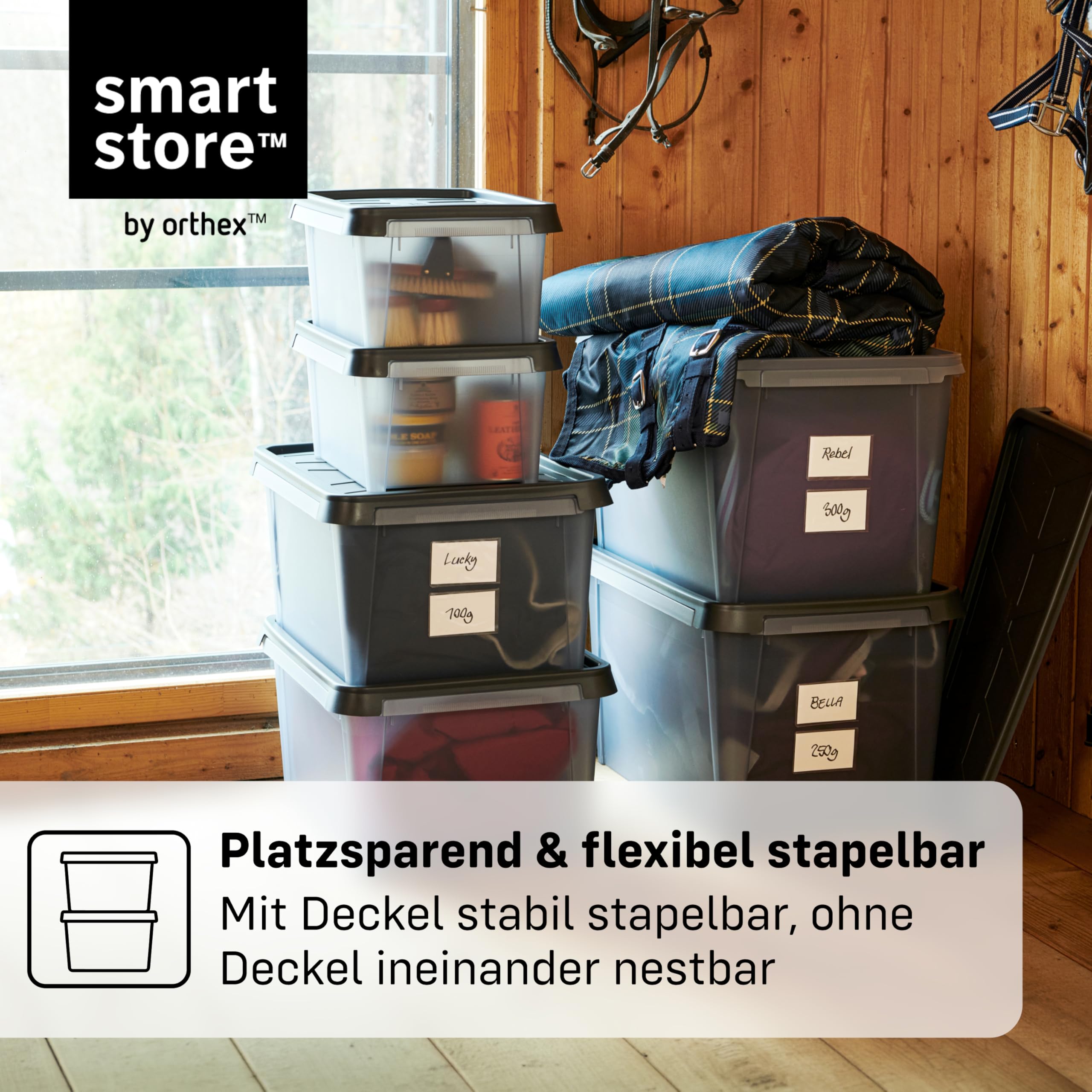 SmartStore Aufbewahrungsbox mit Deckel 55 L I 4er Set Stapelboxen I 60 x 40 x 35 cm I Wasserfest, Staubdicht I Garagen-Aufbewahrungsbox I Lebensmittelecht, BPA frei I Made in Sweden, 10 Jahre Garantie