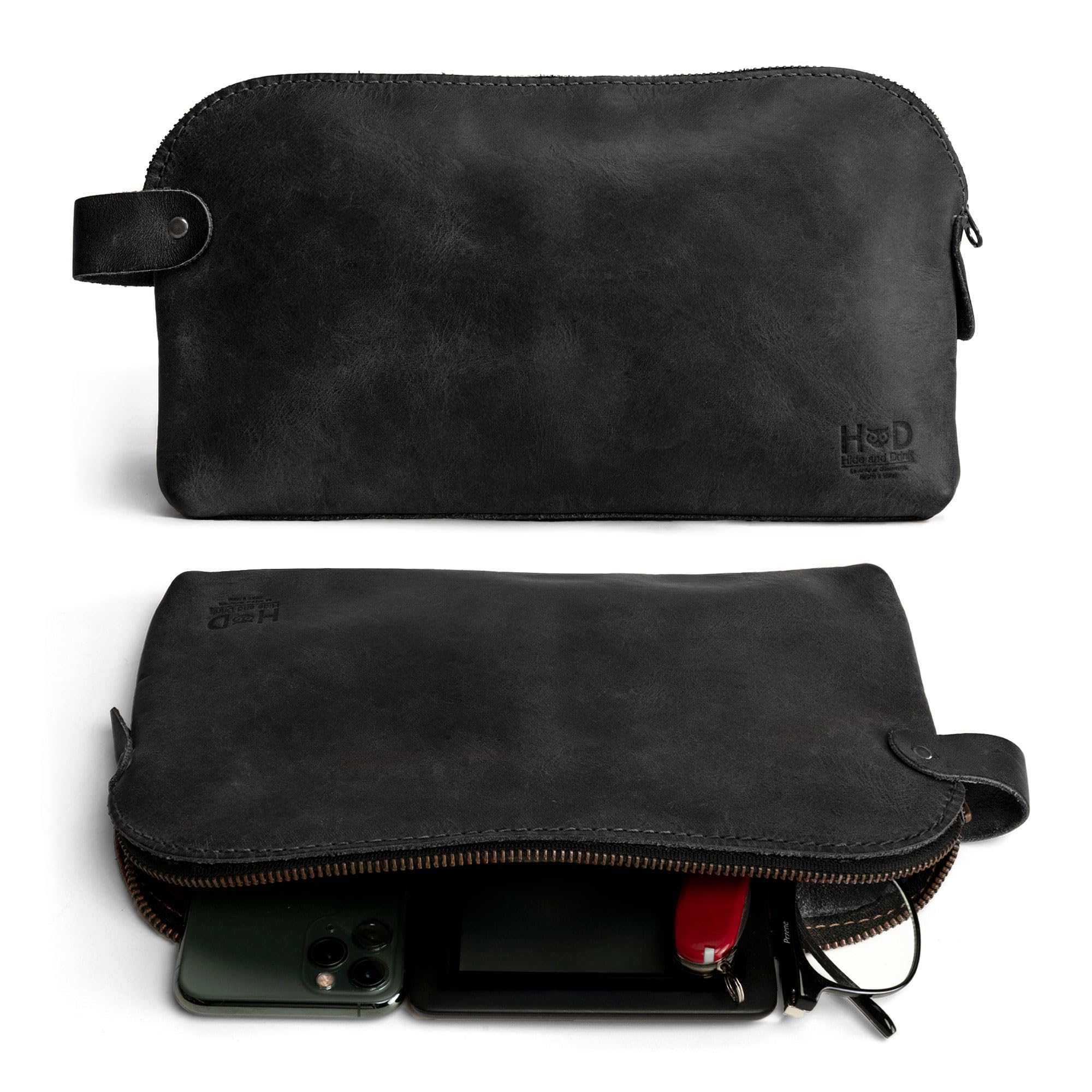 Grande per tutti gli usi Dopp Kit Utility Bag (corde, alimentatori, strumenti, scuola / articoli per ufficio) a mano di Hide & Bere :: nero carbone