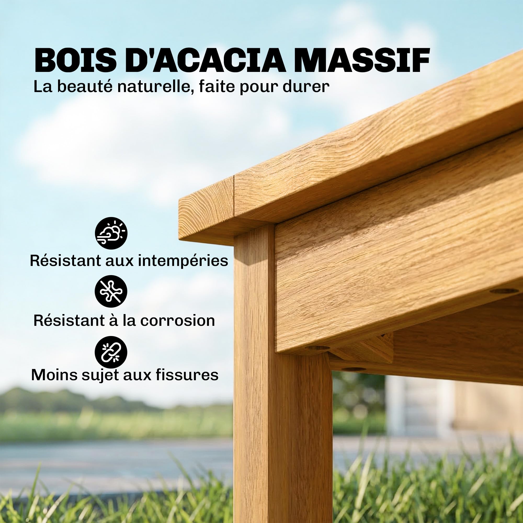 Outsunny Table Basse de Jardin Carrée en Bois d'Acacia Massif, Plateau à Lattes, Pieds Réglables, 48x48x46cm, Naturel