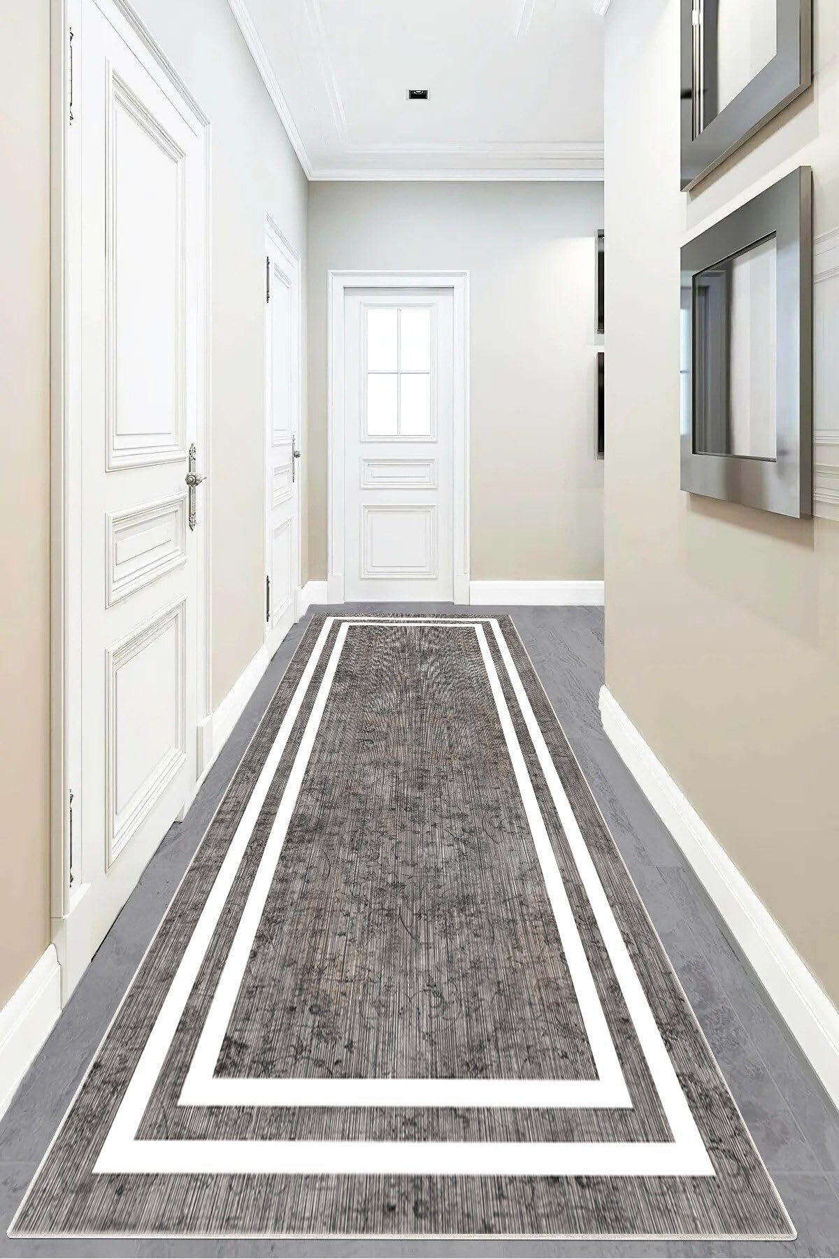 Pelangi Gri Zemin Beyaz Çerçeveli Düz Model Dijital Baskı Yıkanabilir Modern Salon Halı ve Yolluk, Gri 80 x 200, 95556270802007