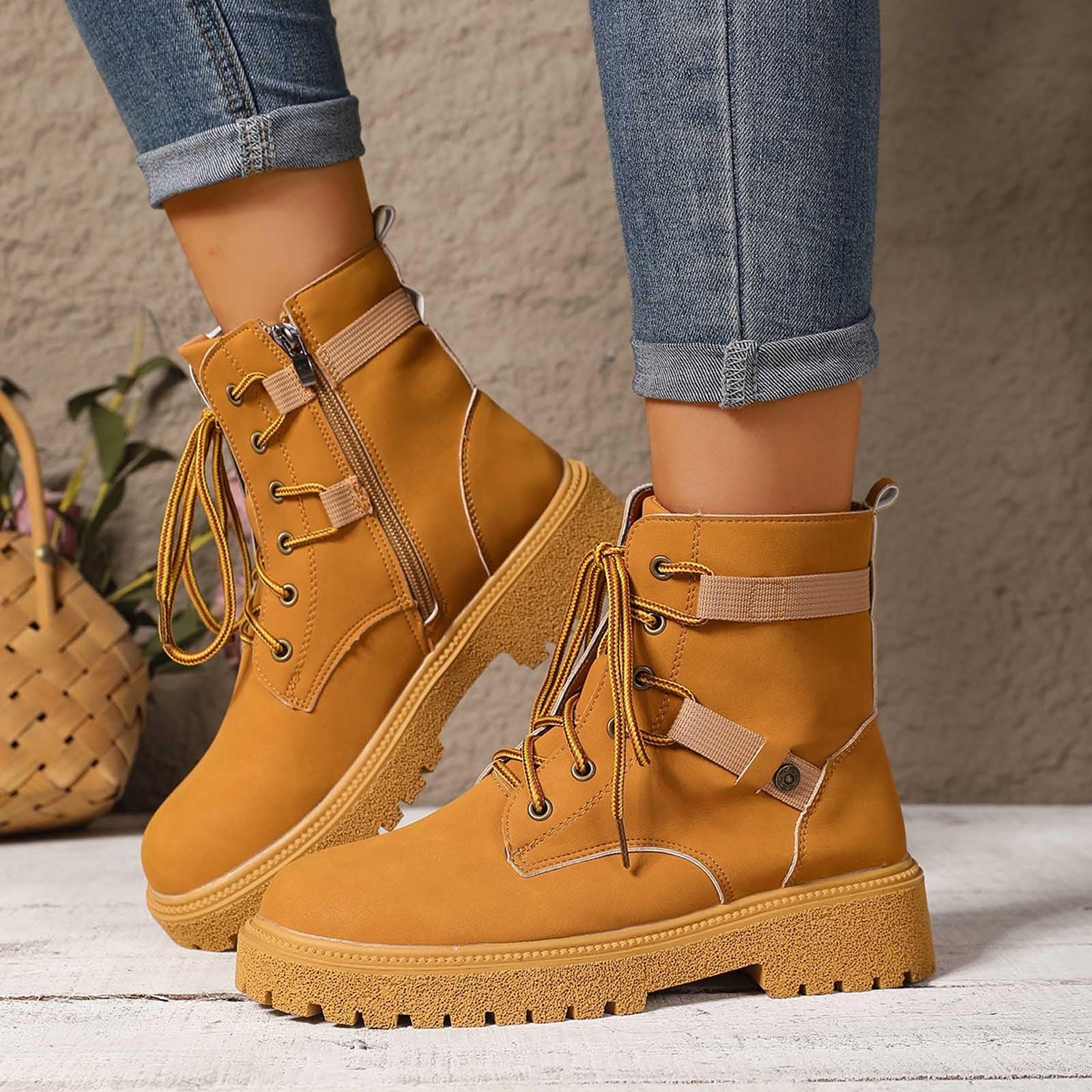 Generisch Bottines pour femme avec fermeture éclair latérale, lacets, chaussures de randonnée tendance avec semelle épaisse, bottes courtes élégantes pour l'aventure
