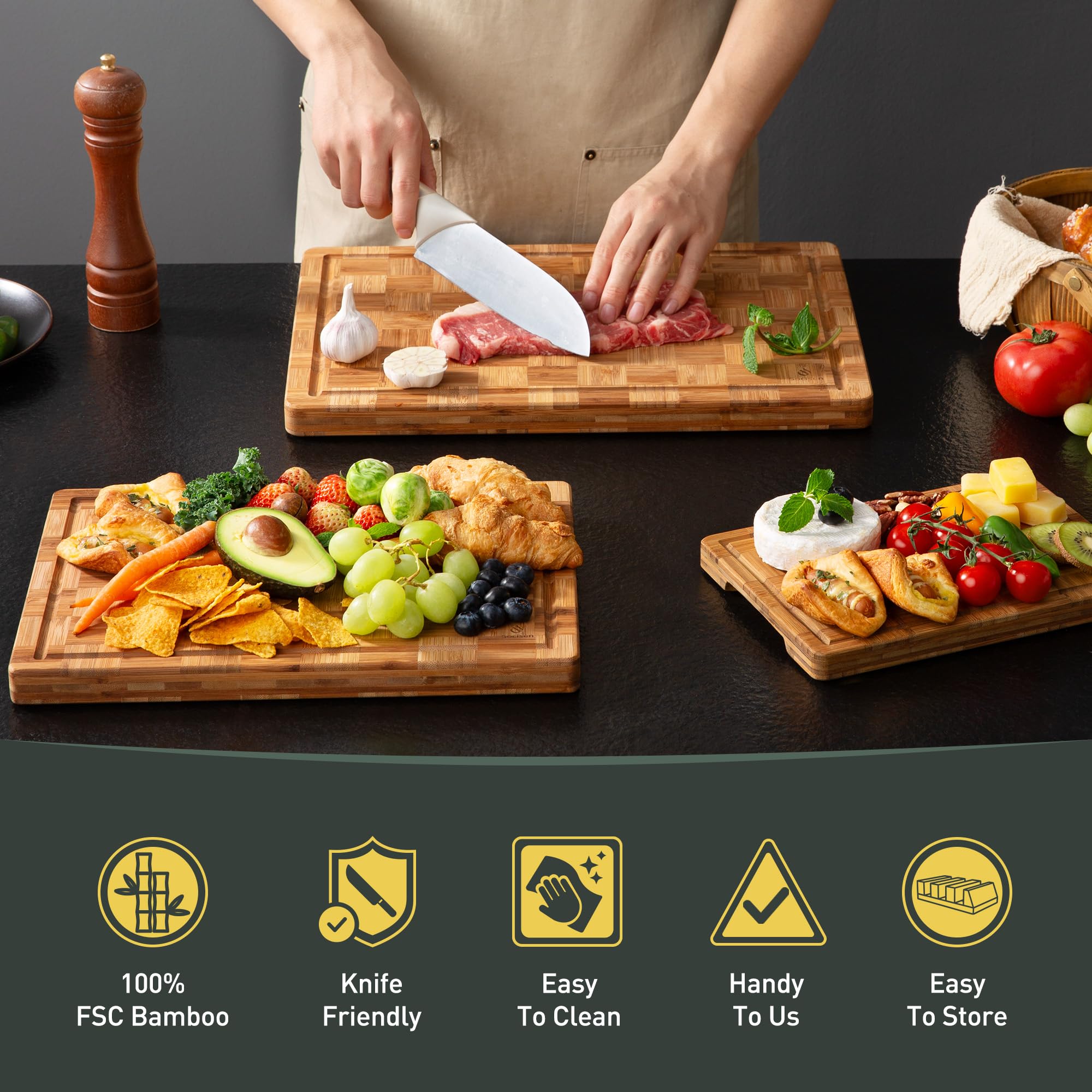 Juego de 3 tablas de cortar de bambú resistentes antideslizantes sobre el fregadero, bonita tabla de cortar de madera gruesa de grano sólido con ranura para jugo, extra grande, grande, pequeña, la