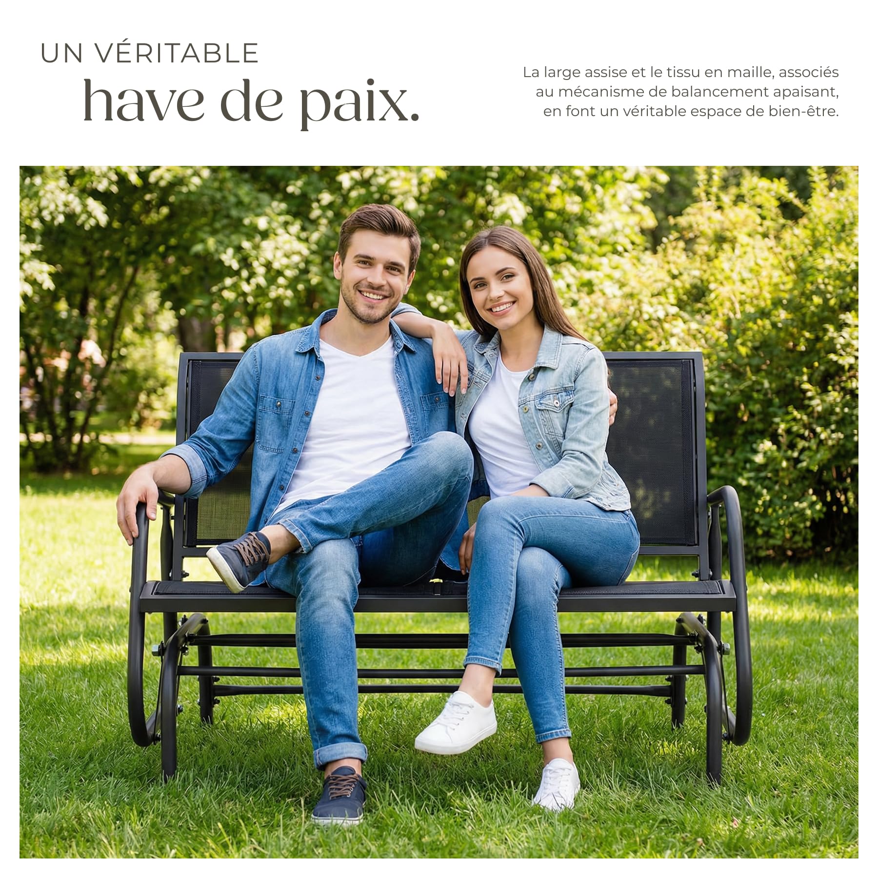 tectake® Banc de Jardin à Bascule 2 Places Solide en Acier lâqué époxy Noir, Balancelle Banquette de Jardin Résistant aux intempéries, Mobilier Amenagement Balcon Terrasse Veranda Pergola